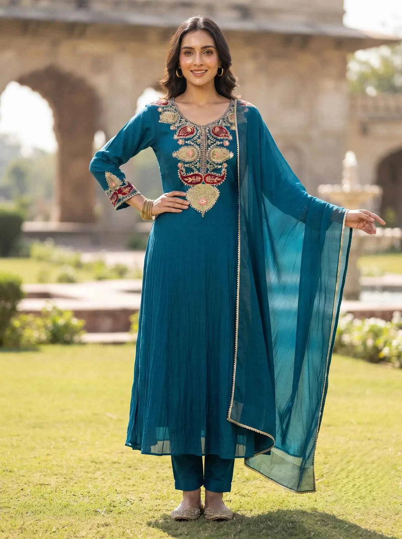 PEACOCK BLUE TRADITIONAL MOTIF FESTIVE DESIGNER BANARSI MUL CHANDERI SUIT
