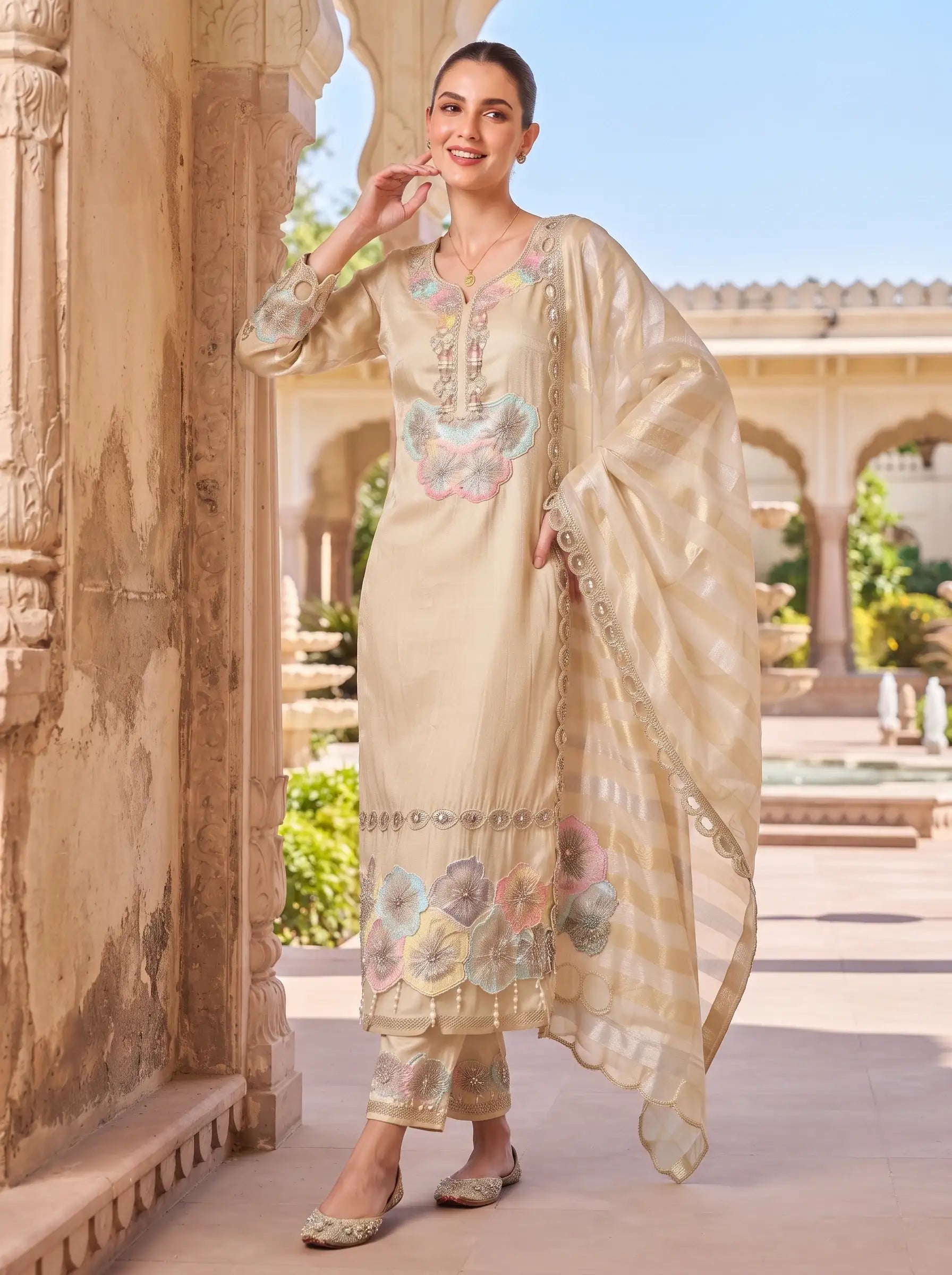 PEARL BLOSSOM EMBROIDERED SHIMMER TISSUE FESTIVE  SUIT SET