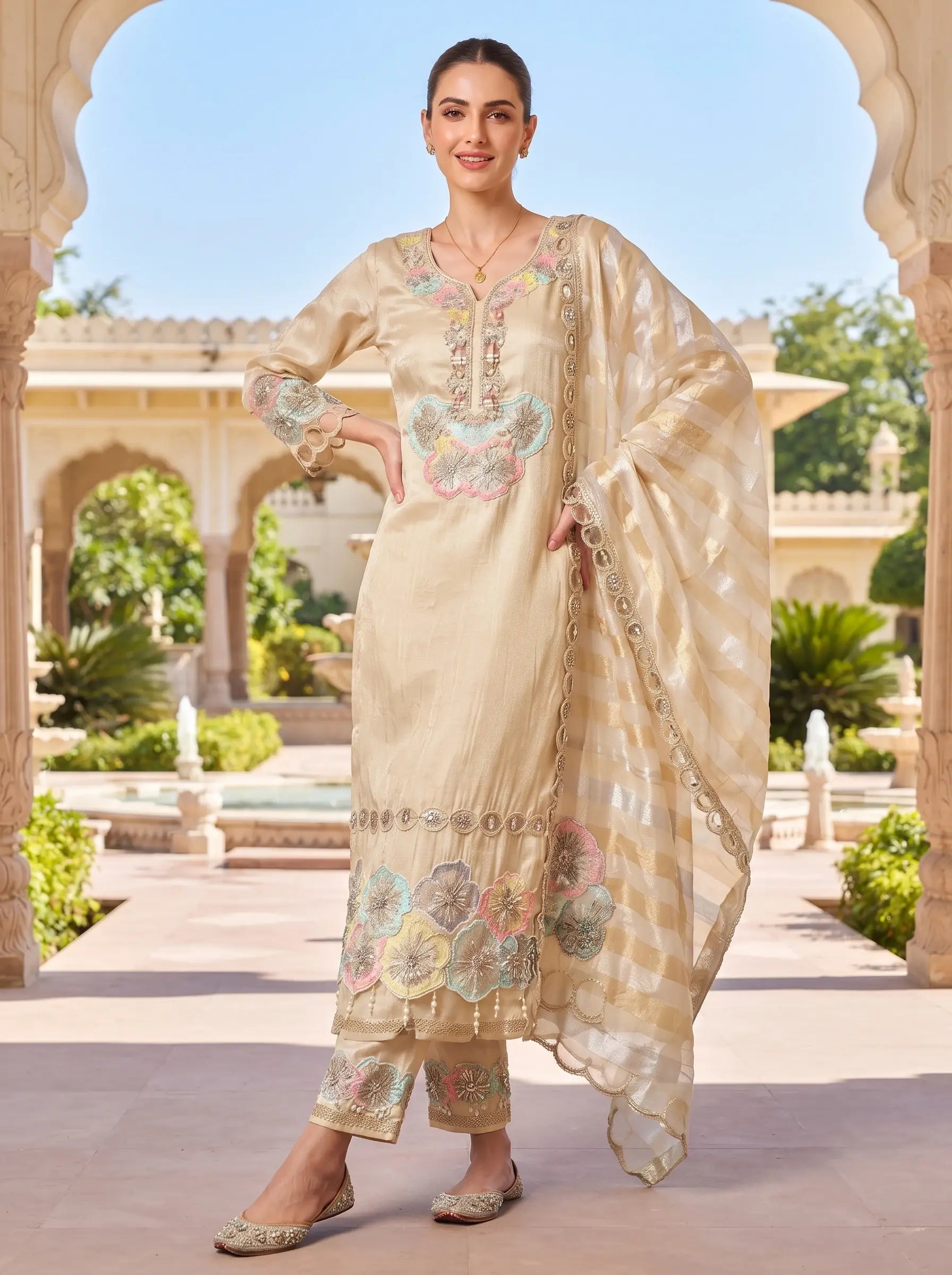 PEARL BLOSSOM EMBROIDERED SHIMMER TISSUE FESTIVE  SUIT SET