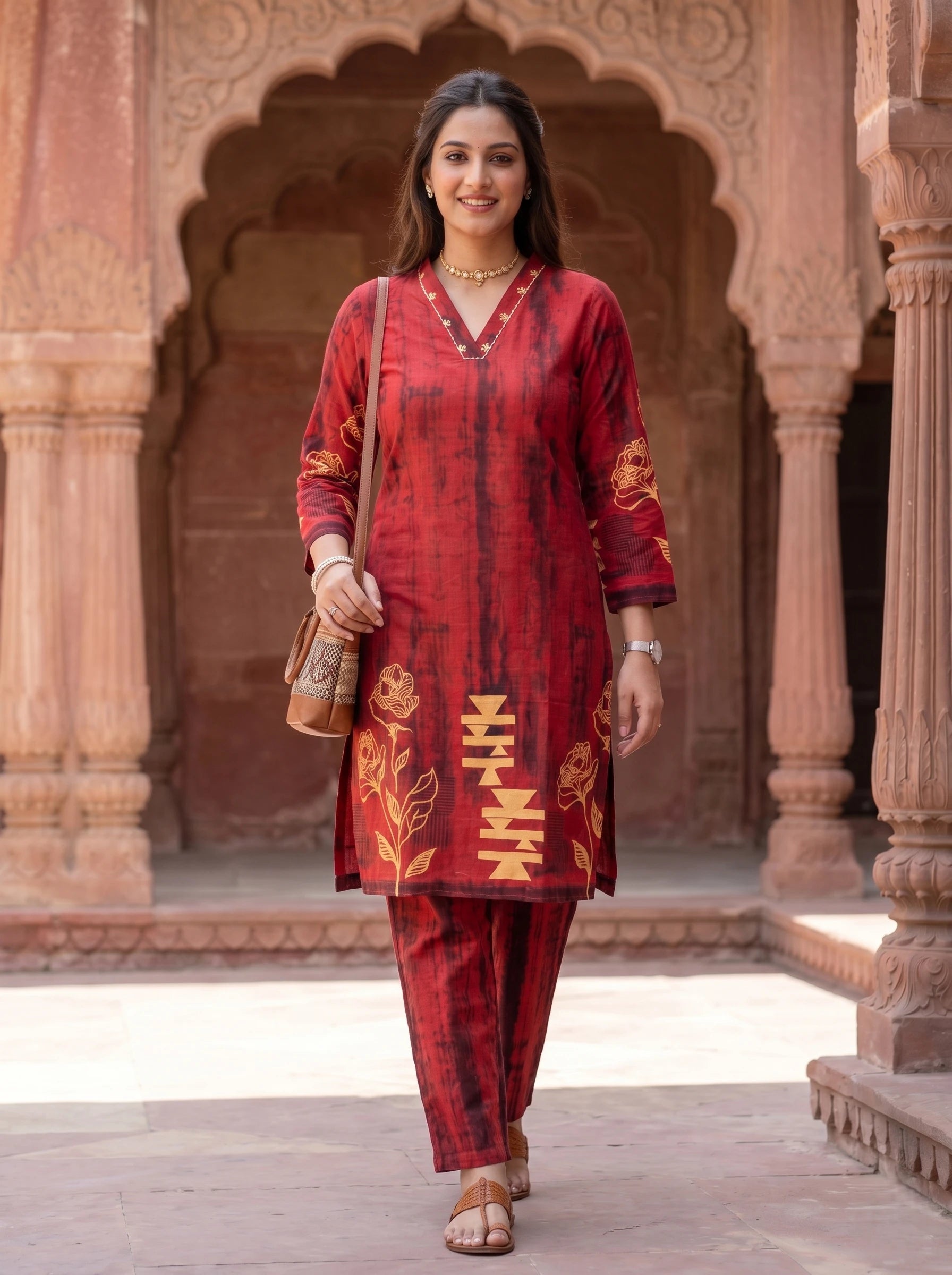 RUSTIC RED ABSTRACT PRINT CO-ORD SET