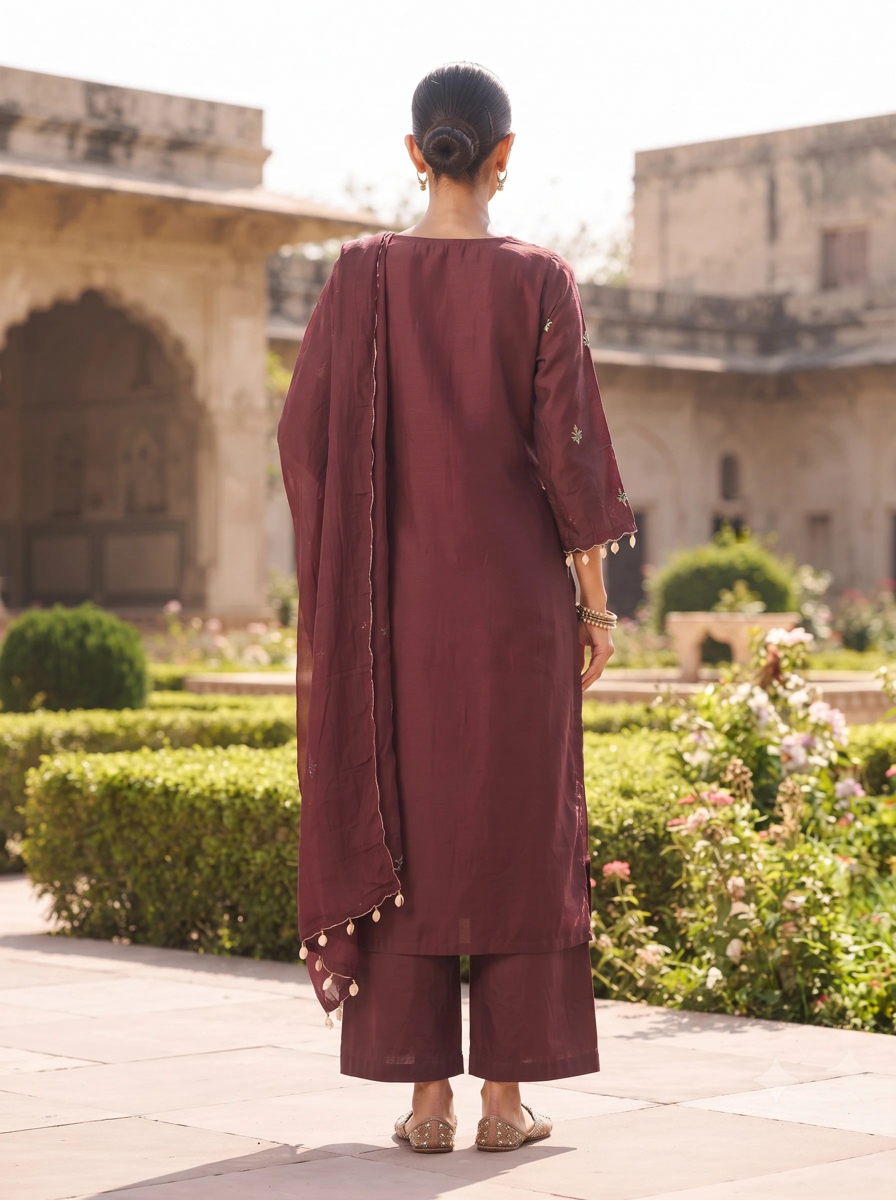 WINE FLORAL BIRD HAND  EMBROIDERED PURE DOLA SILK SUIT SET