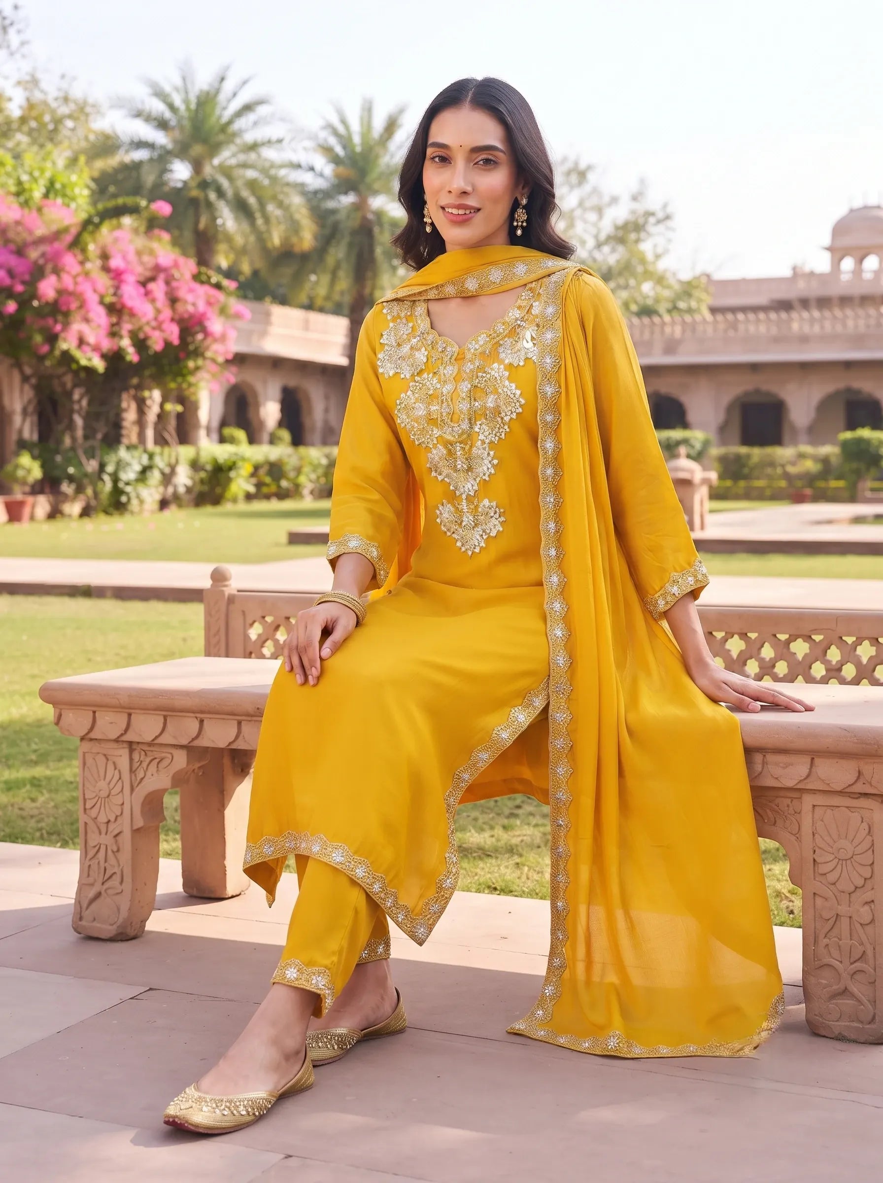 BRIGHT YELLOW FESTIVE EMBROIDERED DOLA SILK SUIT WITH DUPATTA