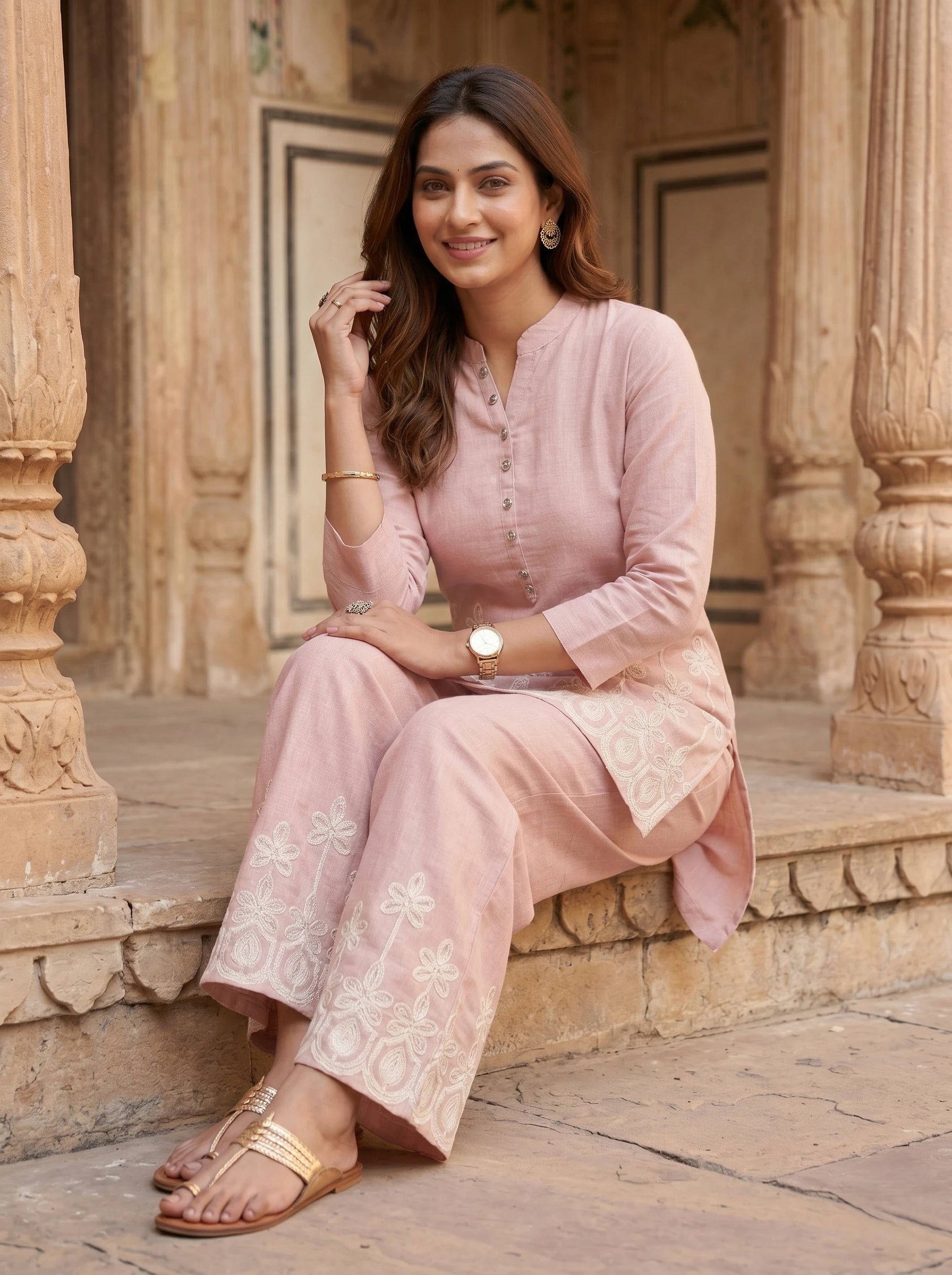 POWDER PINK FLORAL EMBROIDERED CO-ORD SET