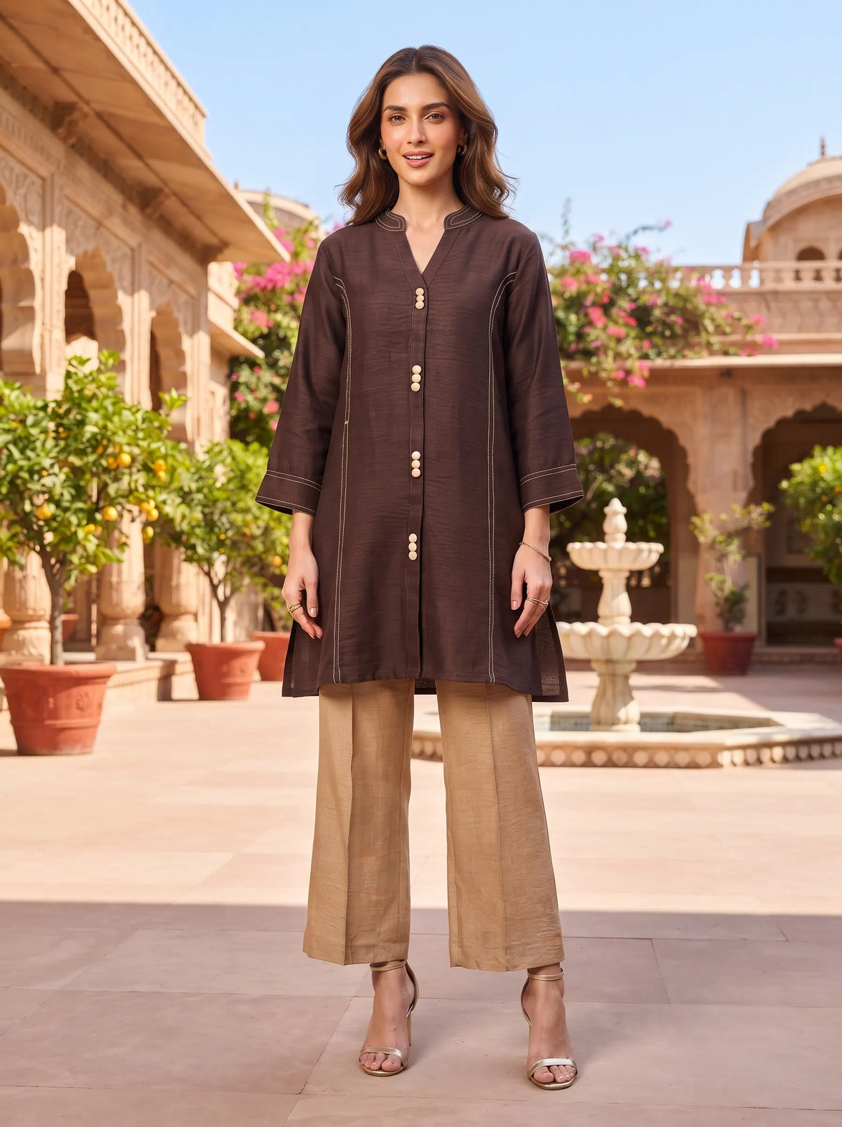 DARK BROWN CONTRAST STITCH DETAIL PREMIUM CASUAL WOMEN CO-ORD SET