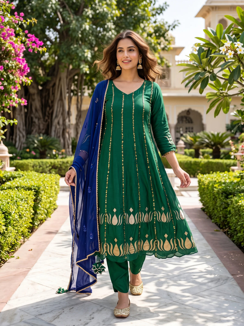 EMERALD GOLDEN FLORAL HAND EMBROIDERED DOLA SILK SUIT SET