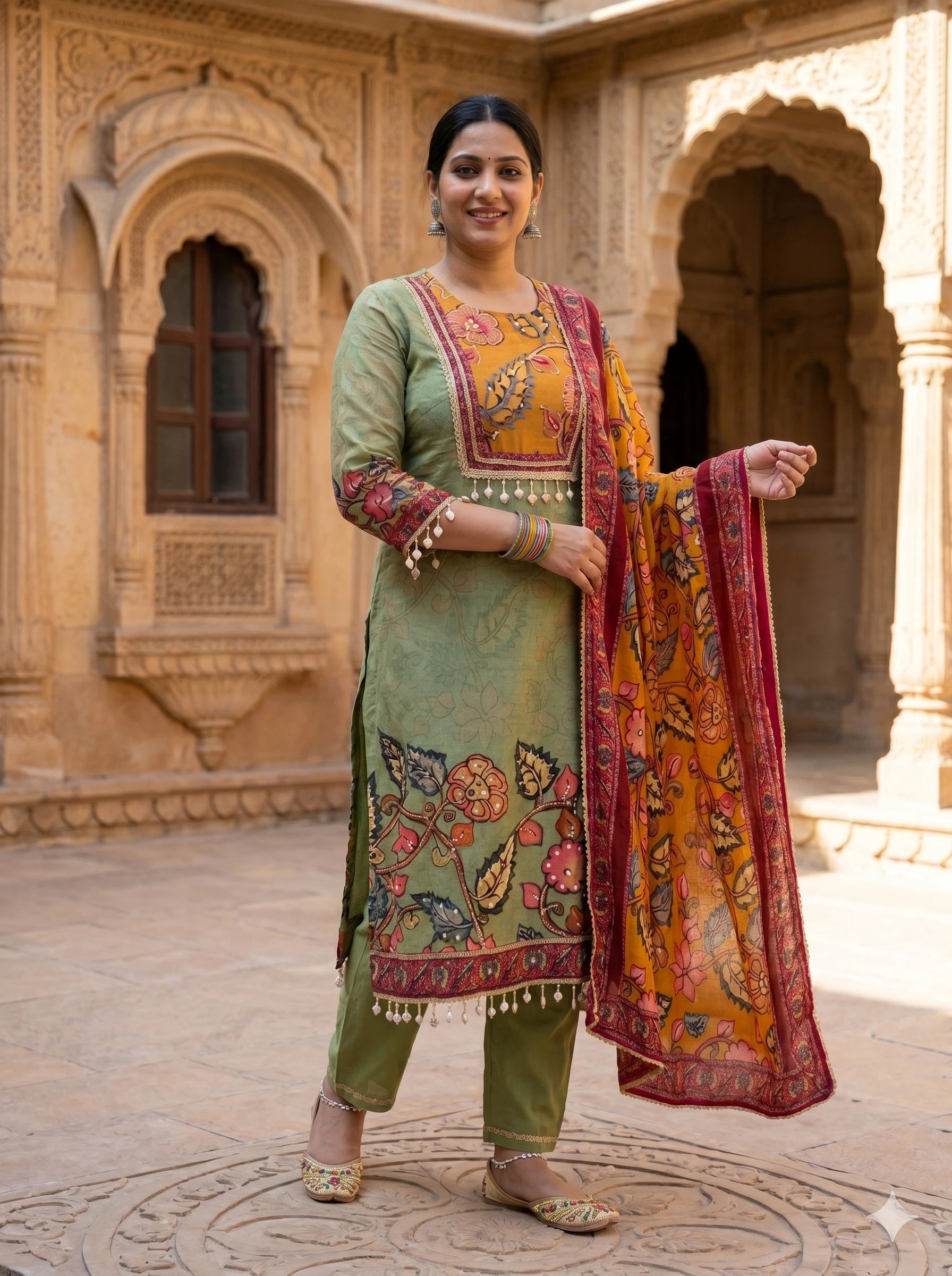 OLIVE BLOOM HANDPAINTED MIRROR WORK SUIT SET