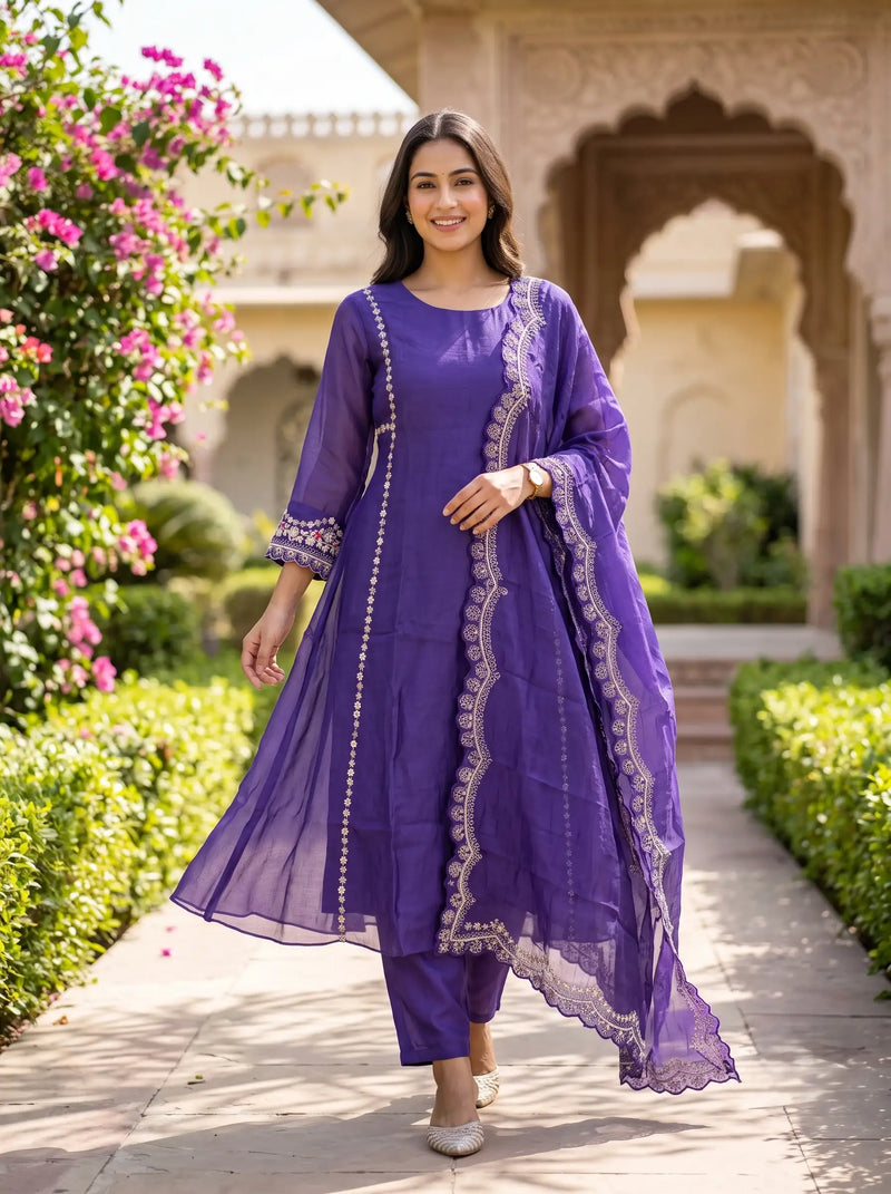 LILAC-PURPLE DESIGNER HAND EMBROIDERED FESTIVE  SUIT SET