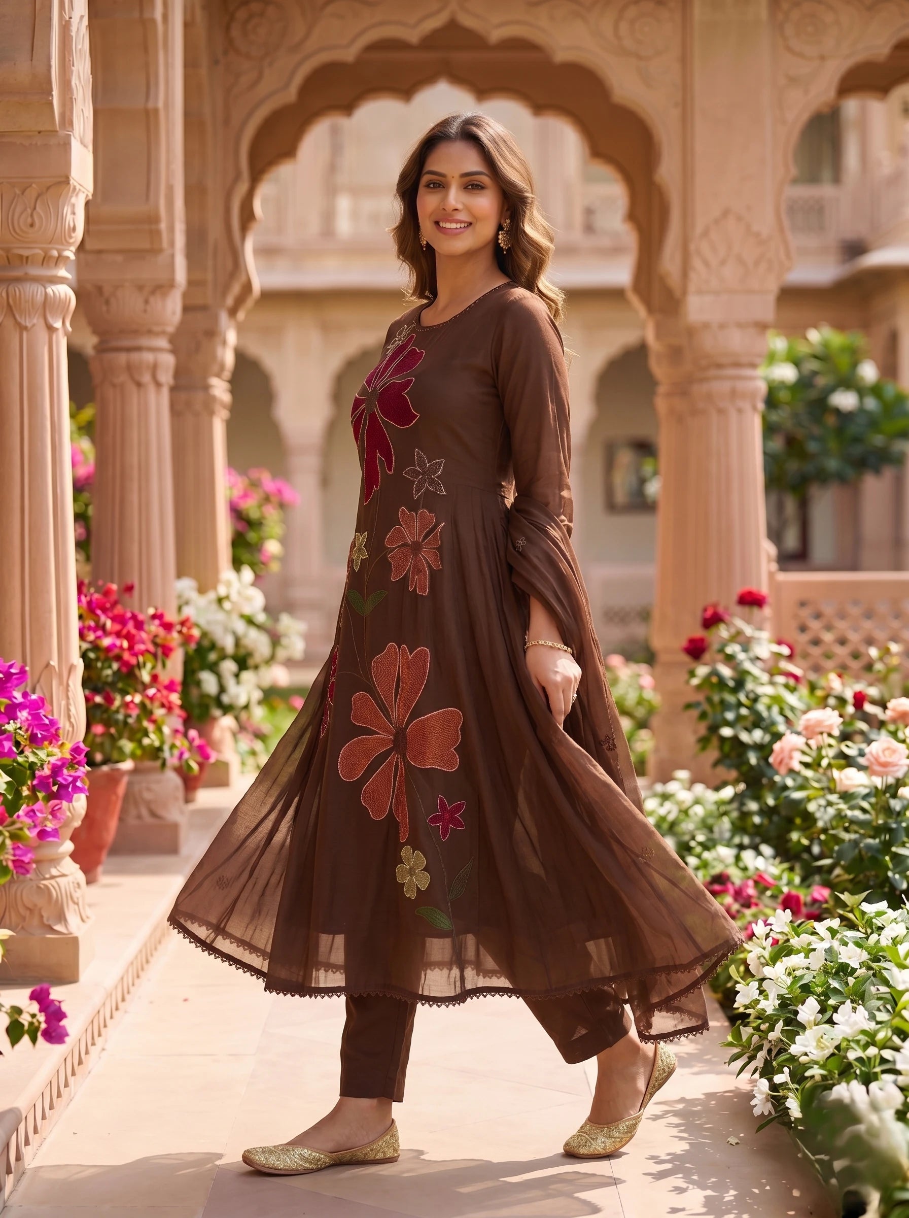 MOCHA BLOOM THREADWORK MUL COTTON SUIT SET