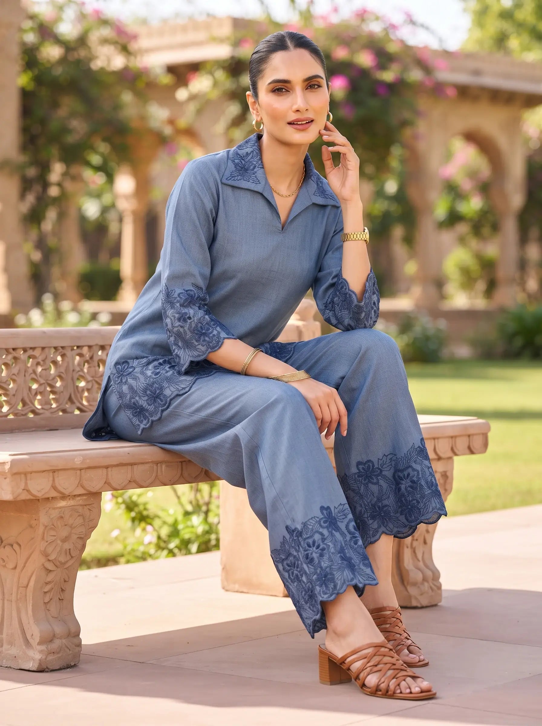 ELEGANT BLUE CUTWORK FLORAL EMBROIDERED DENIM COTTON CO-ORD SET
