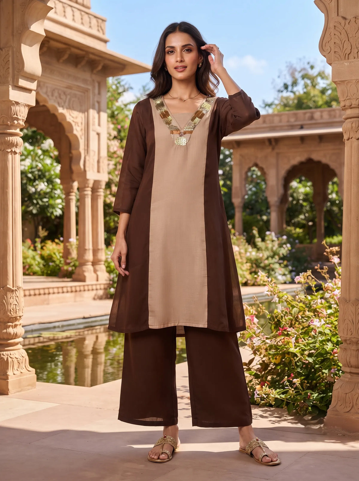 TWO TONE COFFEE AND KHAKI SEQUIN EMBELLISHED FESTIVE CO-ORD SET