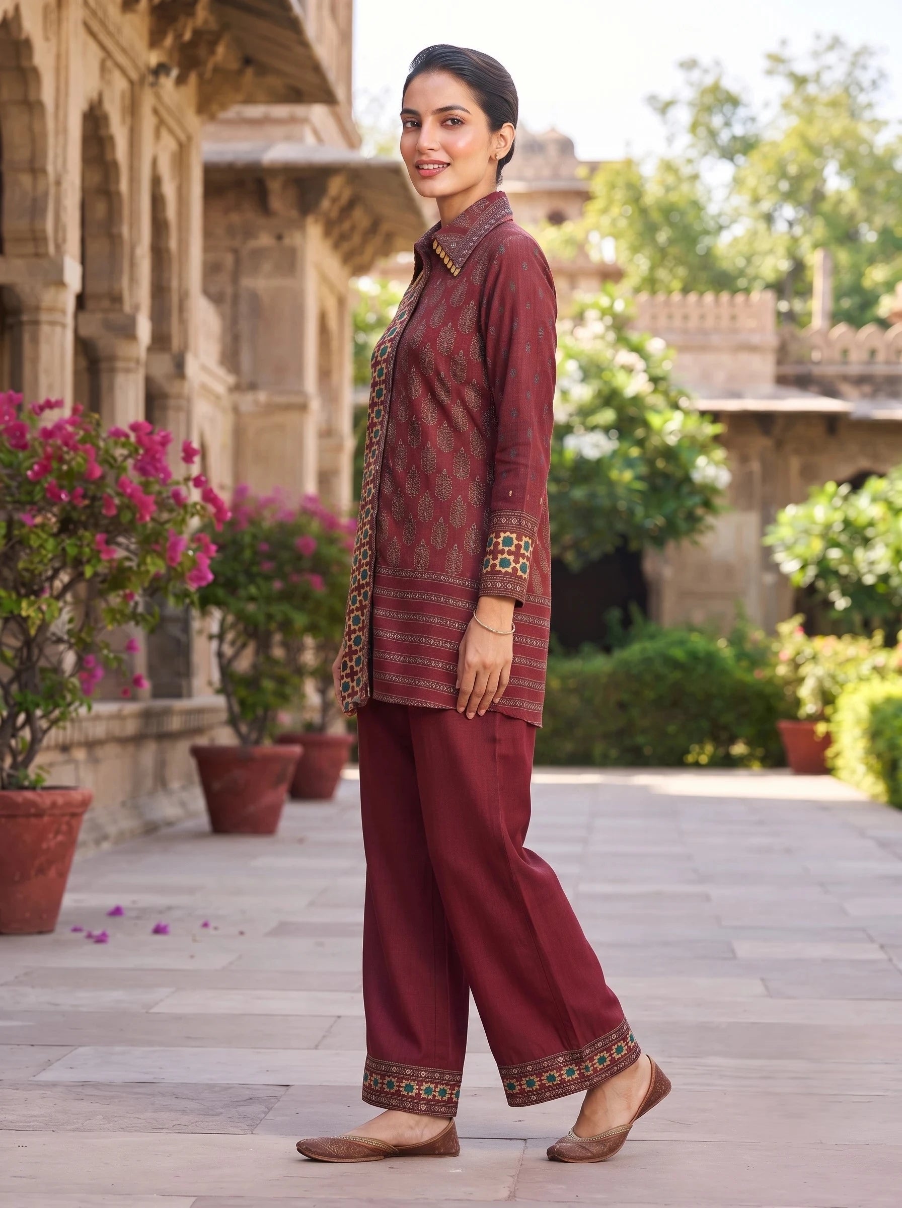 MAROON AJRAKH PRINTED  SHIRT STYLE PURE CREPE CO-ORD SET