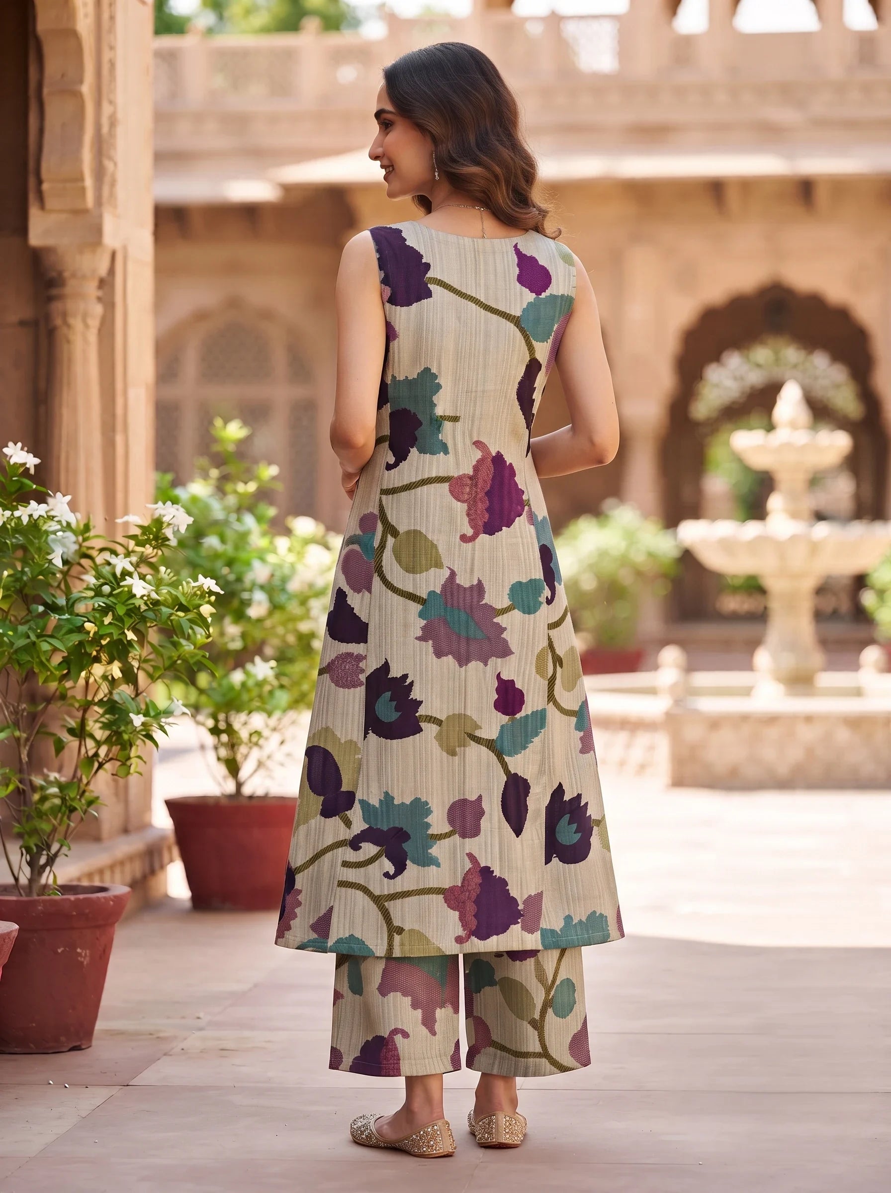 BEIGE LARGE ABSTRACT FLORAL PRINT ROMAN KURTA SET