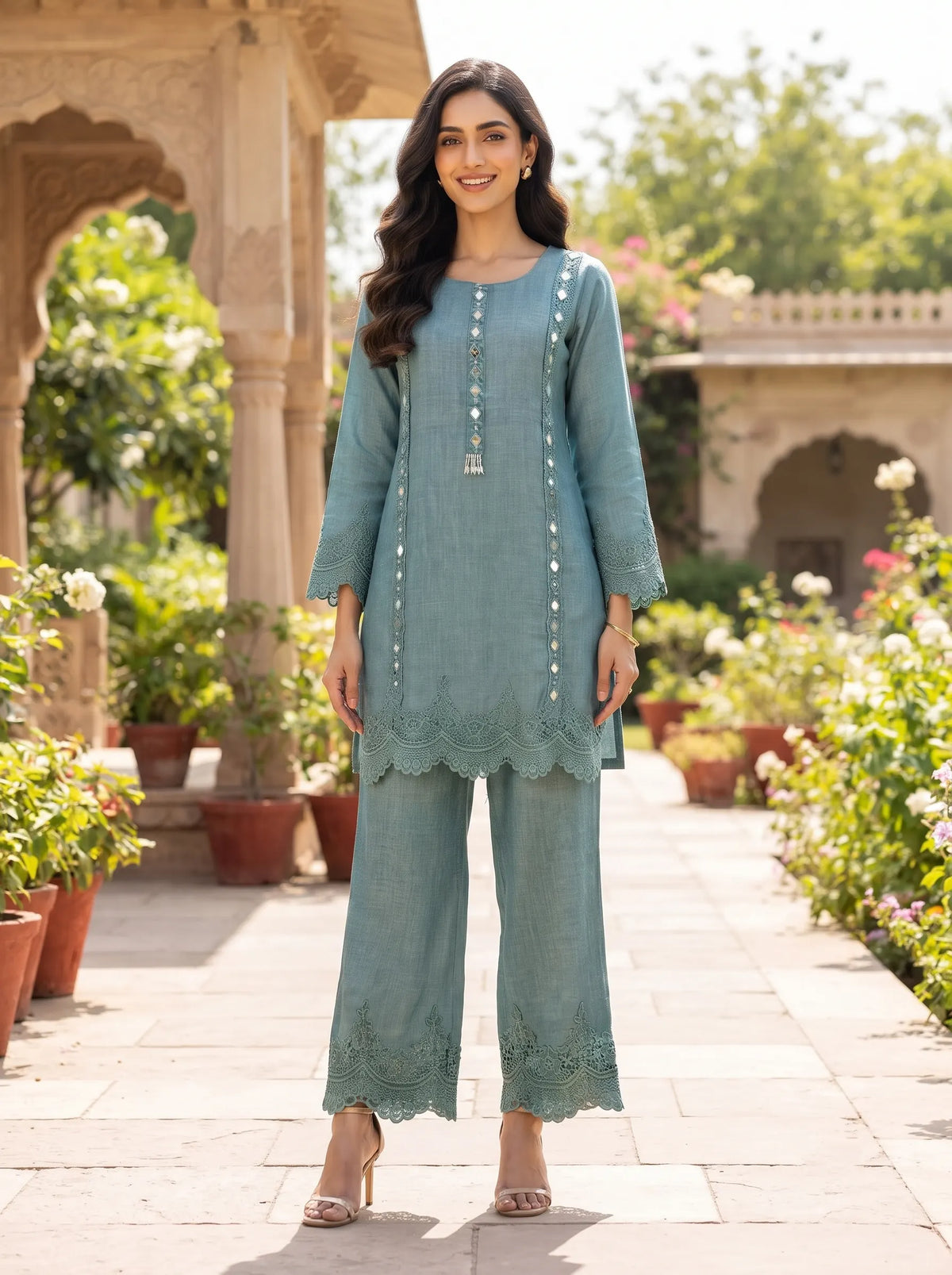 SAGE GREEN TEXTURED FABRIC MIRROR WORK LACE TRIM CO-ORD SET