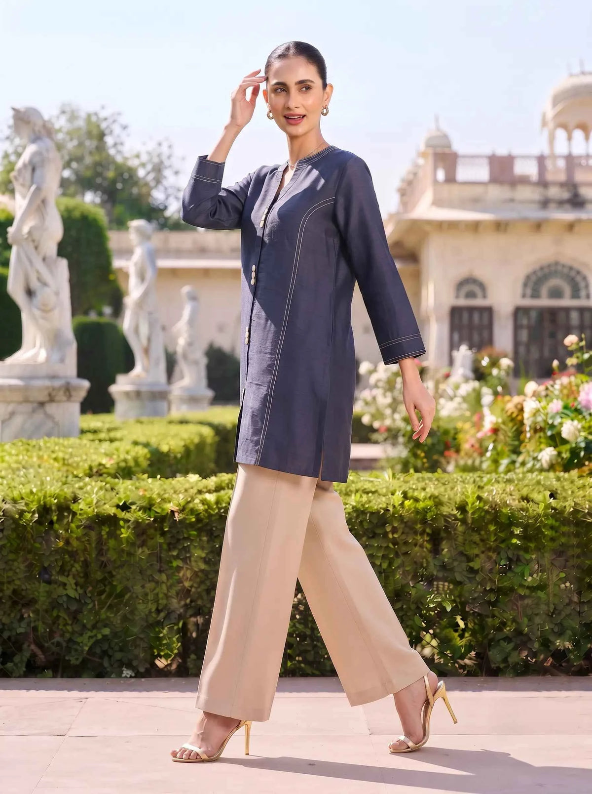 NAVY BLUE WHITE STITCH DETAIL PREMIUM CASUAL WOMEN CO-ORD SET