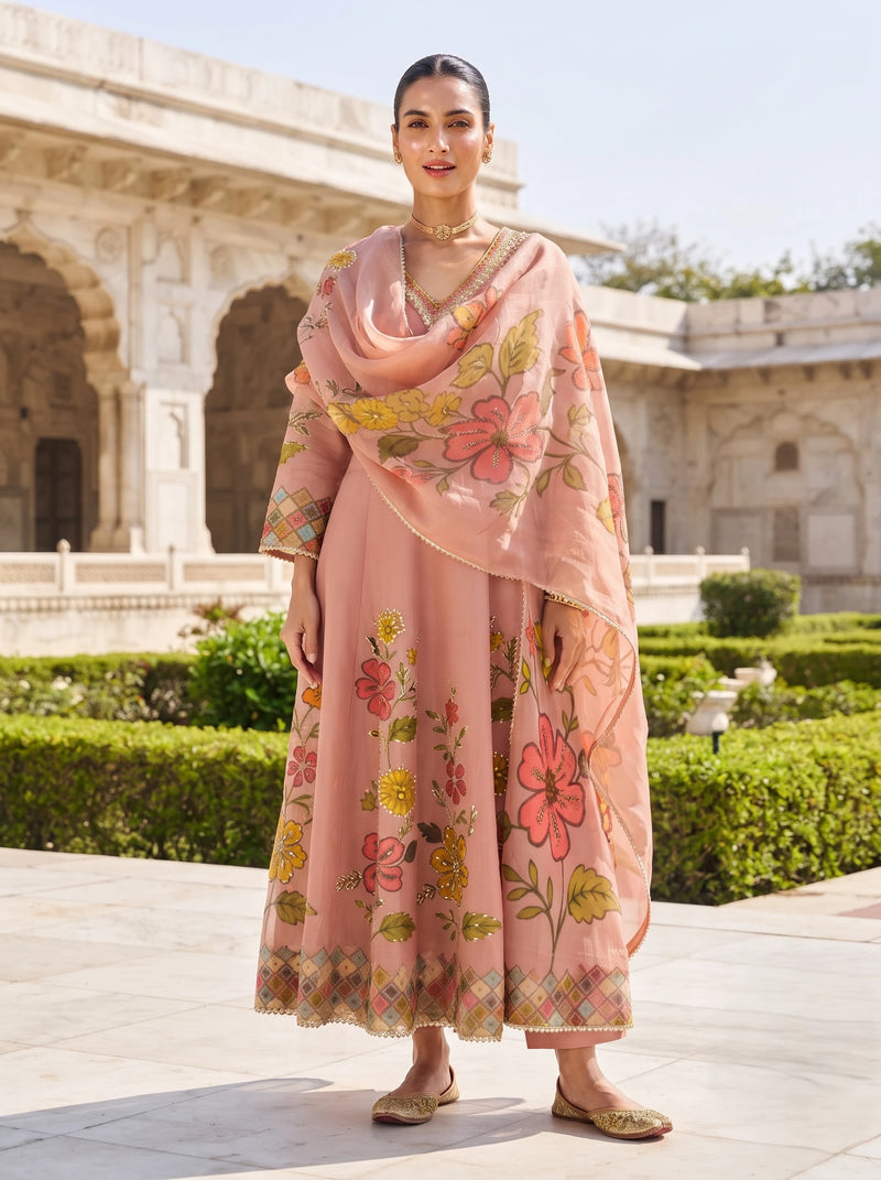 NOOR-E-GUL BLUSH ONION SHIMMER FABRIC ANARKALI SUIT WITH DUPATTA