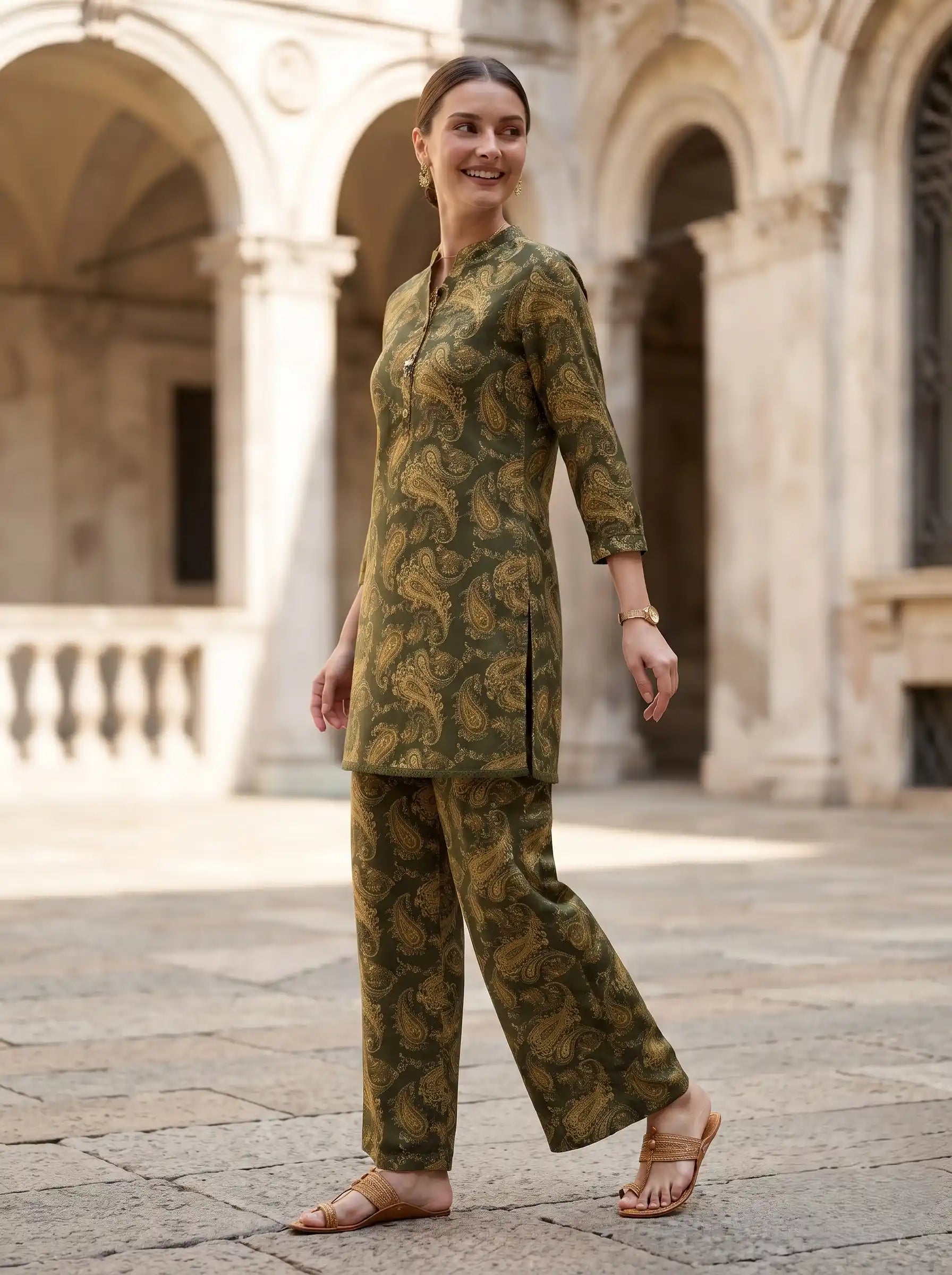 OLIVE REGAL PAISLEY PURE COTTON CO-ORD SET