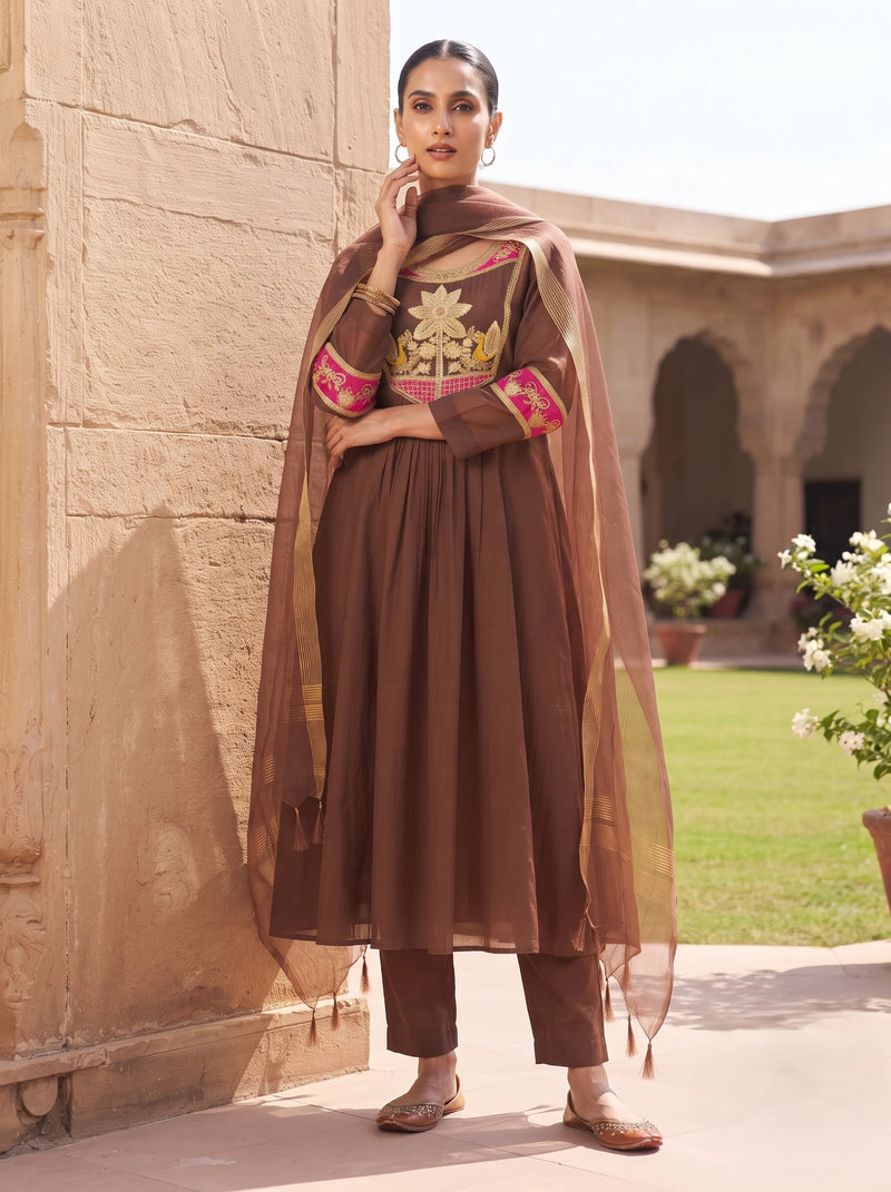 CHOCOLATE BROWN ROYAL ZARI WORK BANARSI MUL CHANDERI SUIT SET