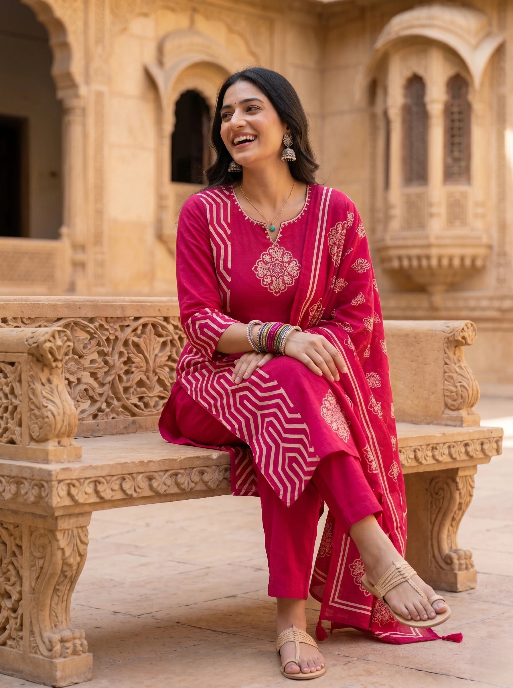 RANI PINK BLOCK PRINTED HANDWORK  SUIT SET