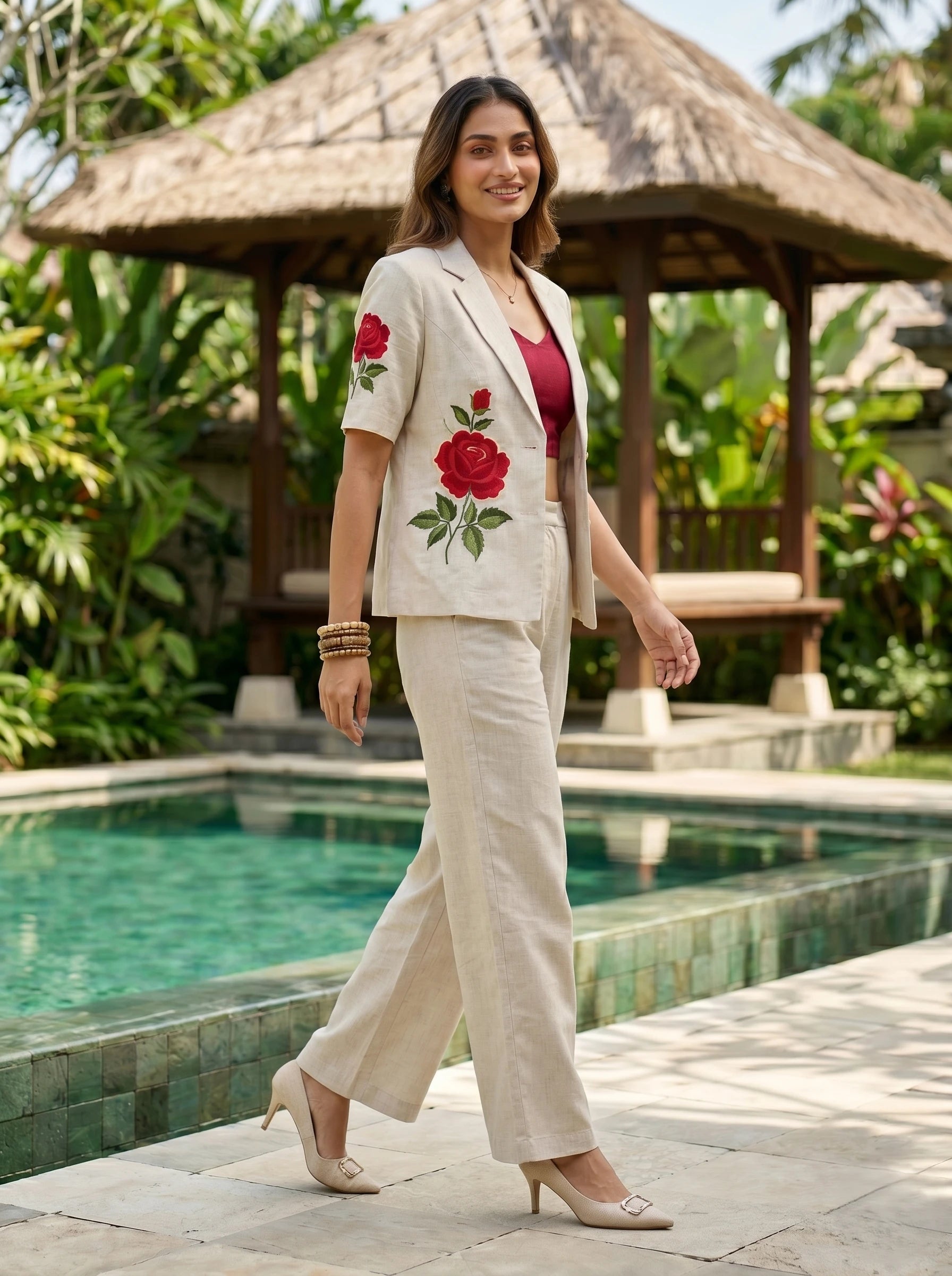 ROSE BLOOM LINEN THREADWORK  CO-ORD SET