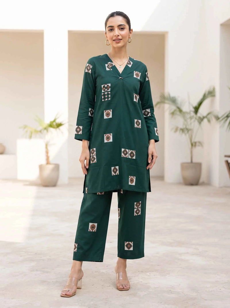 BOTTLE GREEN MOTIF GERMAN RAYON CO-ORD SET