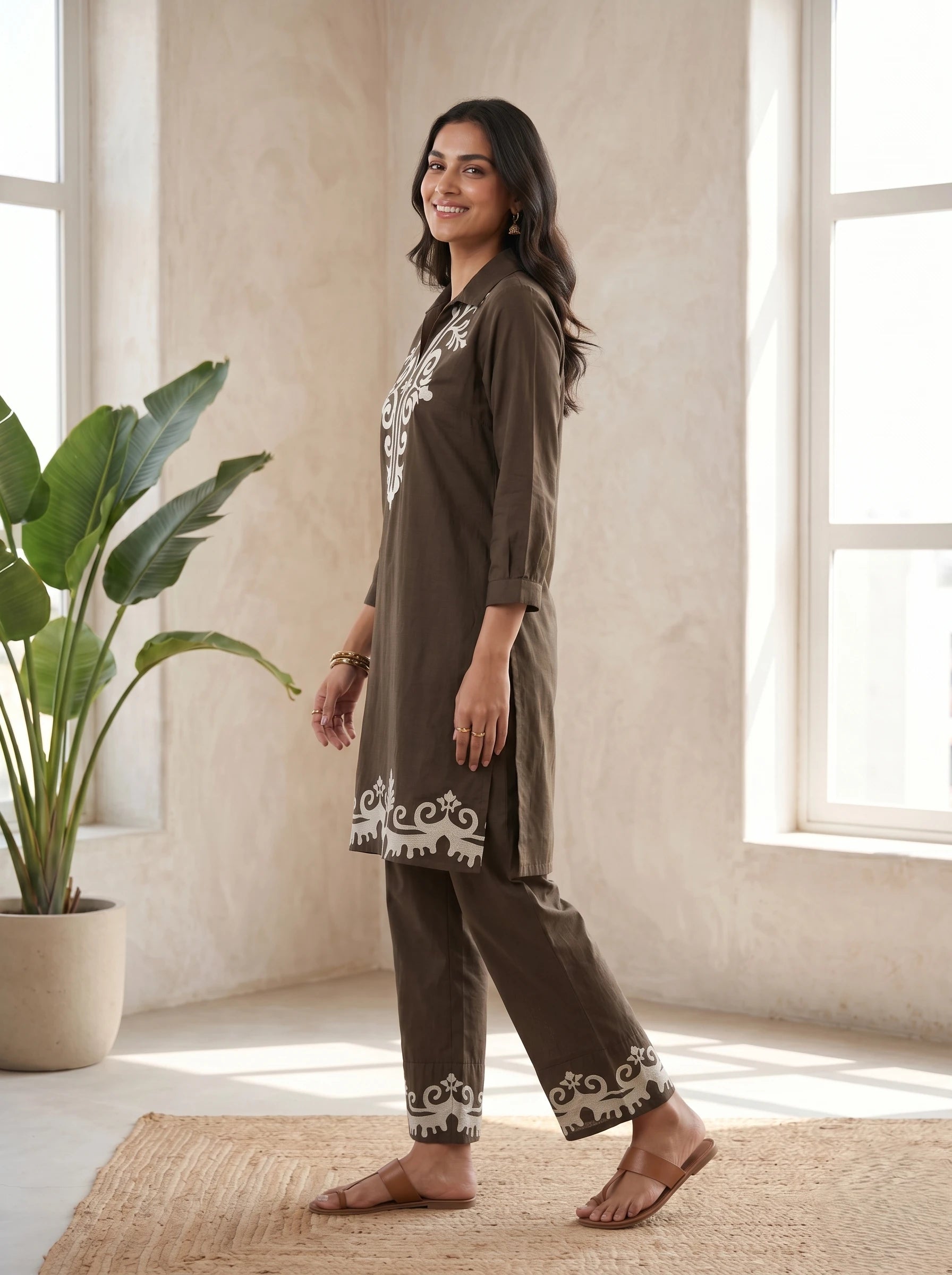 CLASSIC BROWN  IVORY THREADWORK CO-ORD  SET