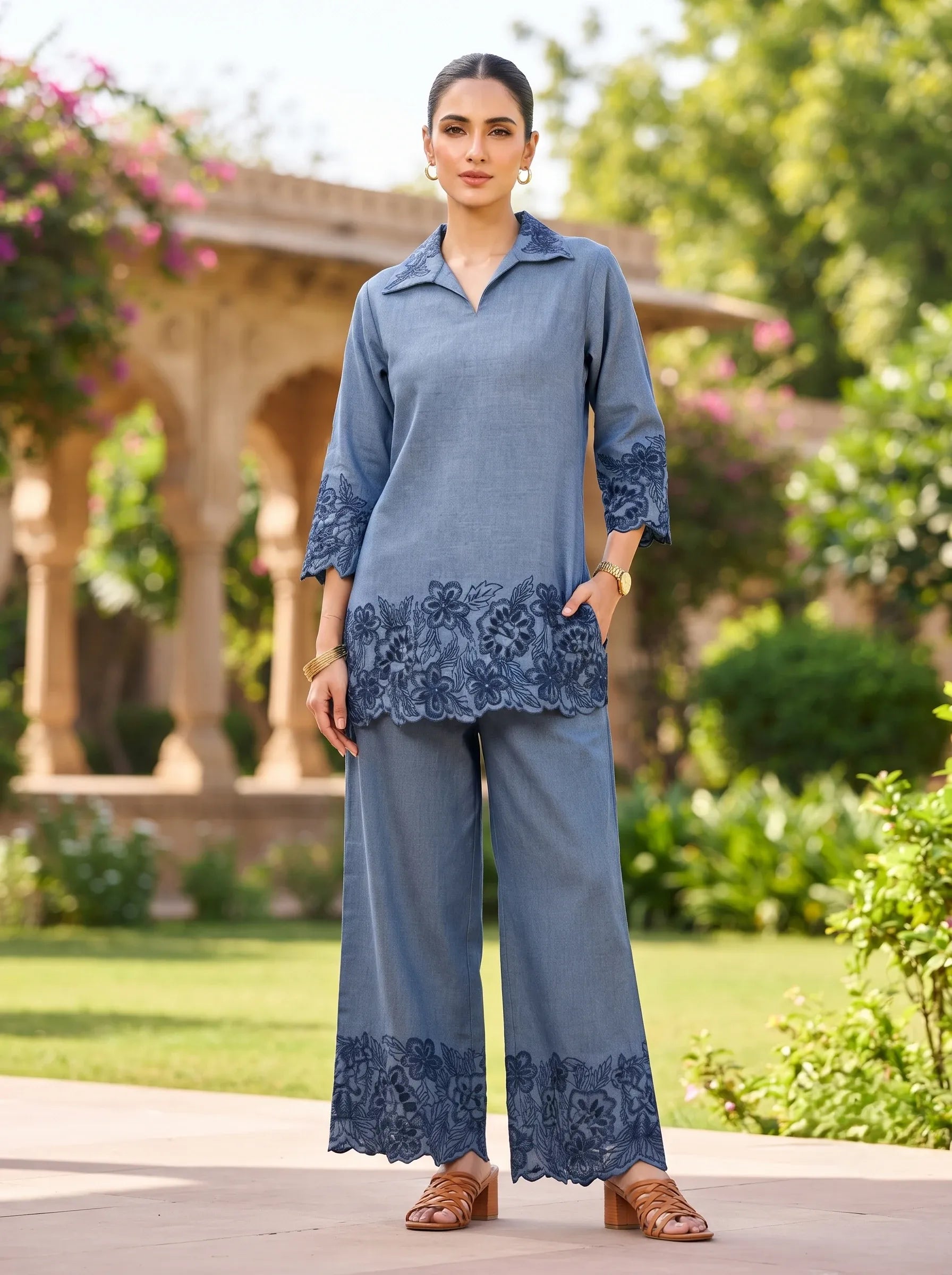 ELEGANT BLUE CUTWORK FLORAL EMBROIDERED DENIM COTTON CO-ORD SET