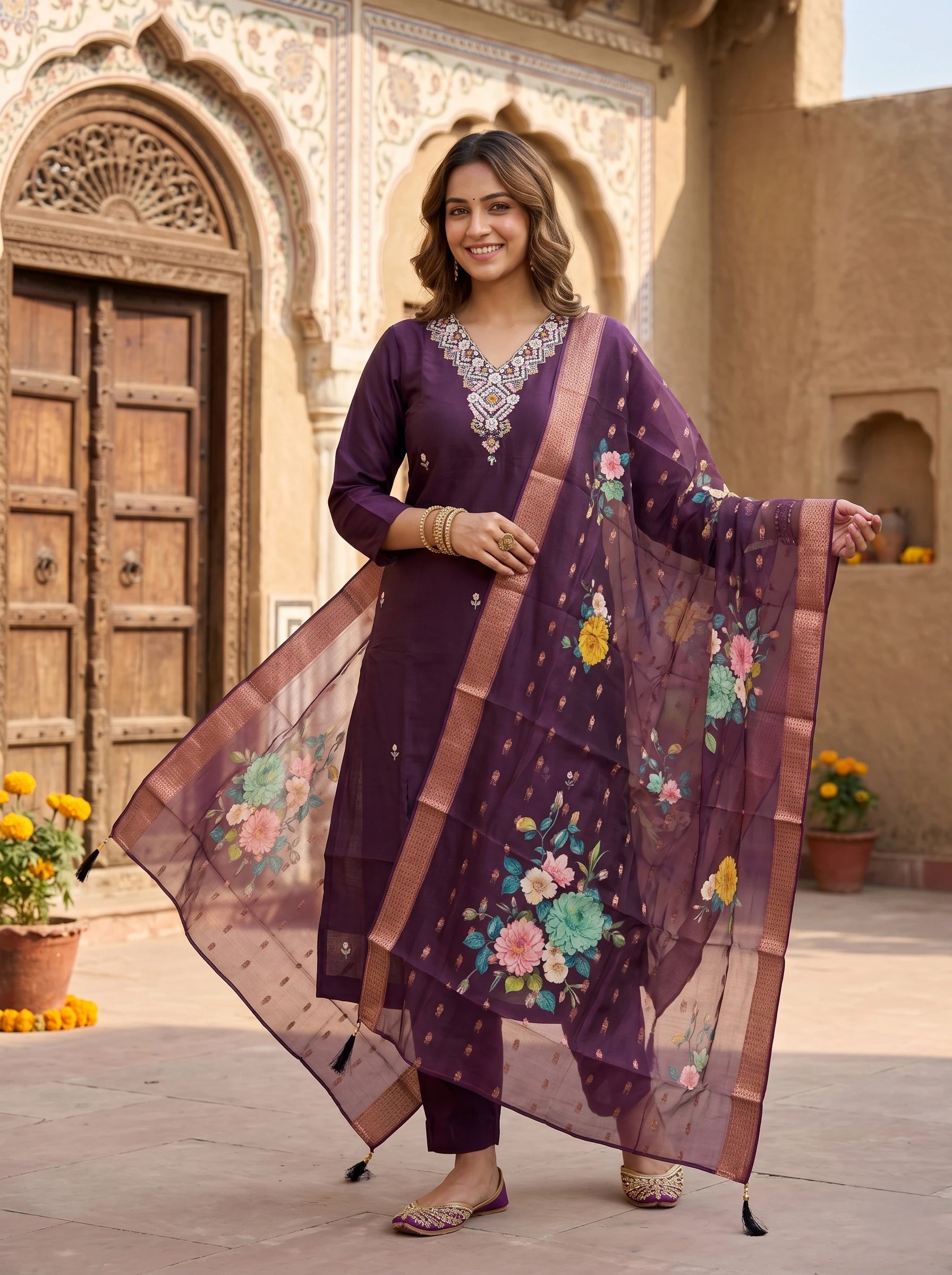RUWA STONE WORK STRAIGHT SUIT SET