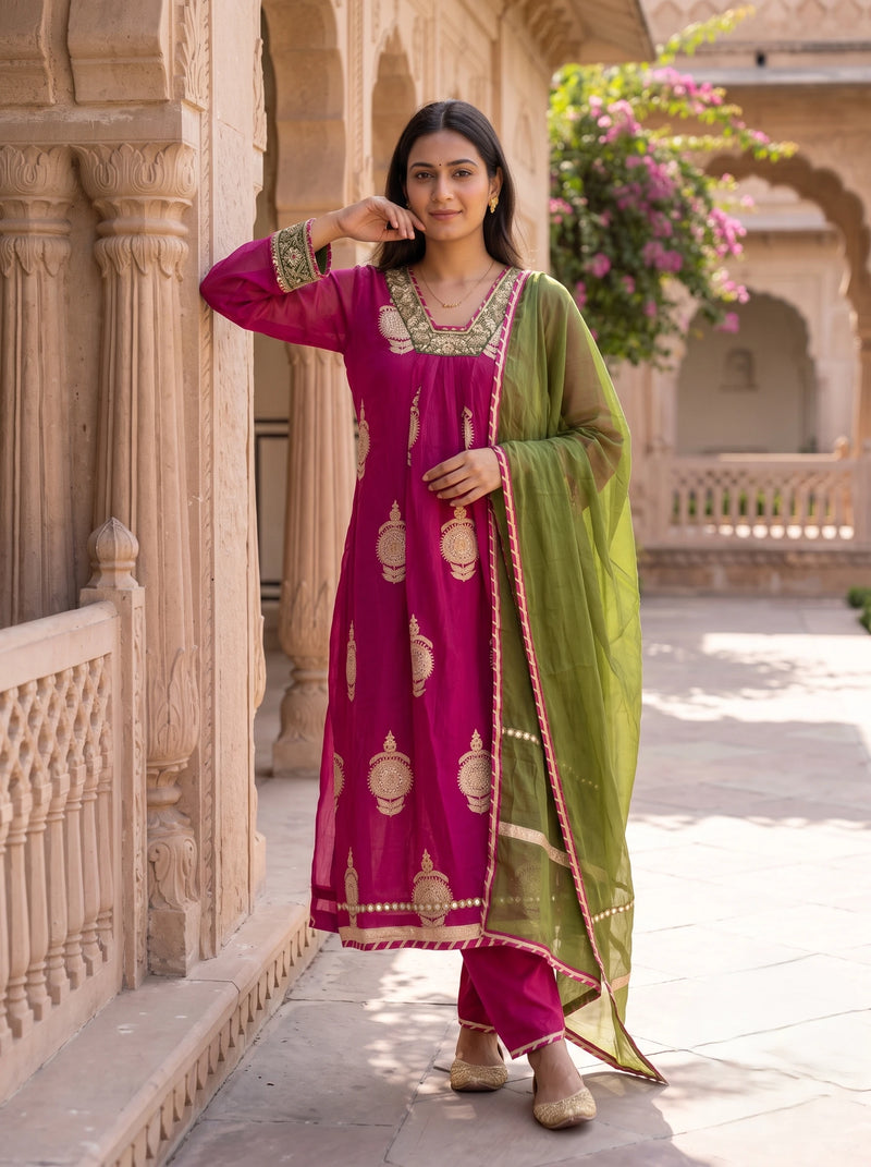 ROSE PINK DESIGNER HAND EMBROIDERED FESTIVE SUIT SET