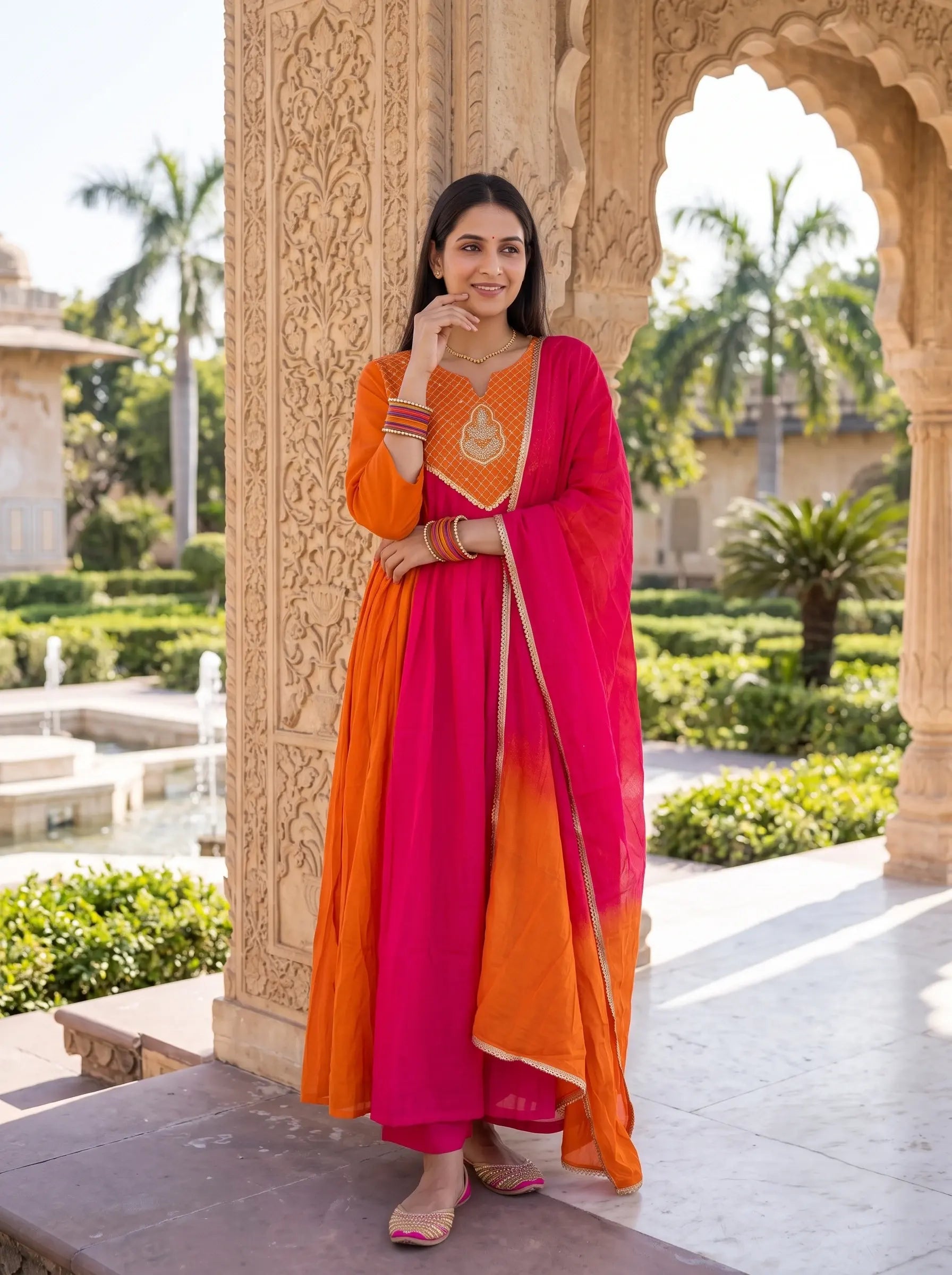 ORANGE PINK DUAL TONE HAND EMBROIDERD FESTIVE ANARKALI  SUIT SET