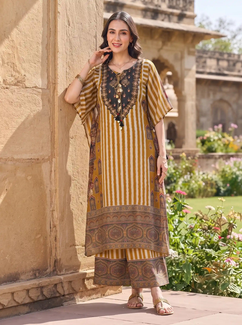 BROWN BOHEMIAN MIRROR WORK & COWRY SHELL MUSLIN KAFTAN CO-ORD SET