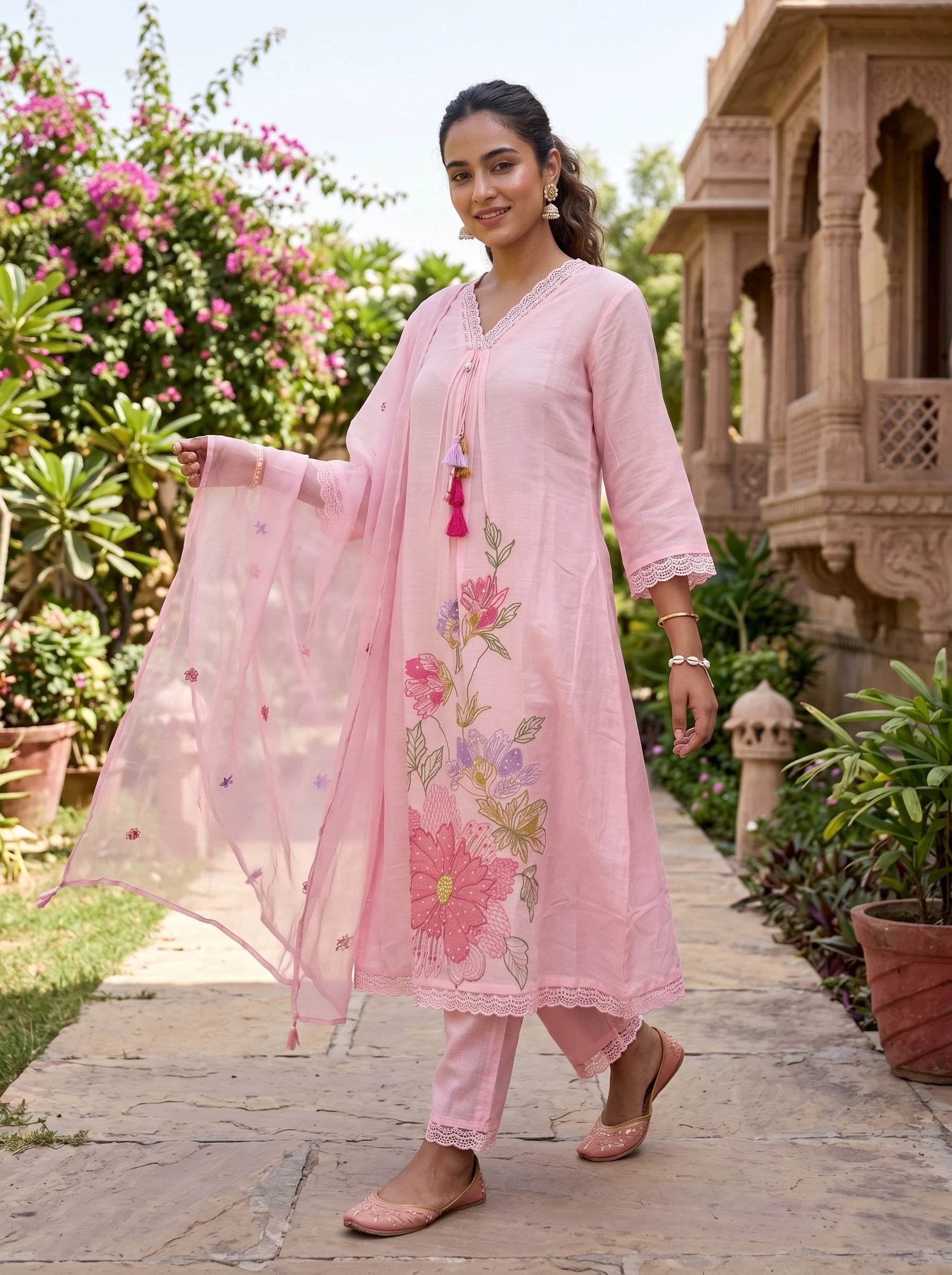 POWDER PINK THREADWORK SUIT SET