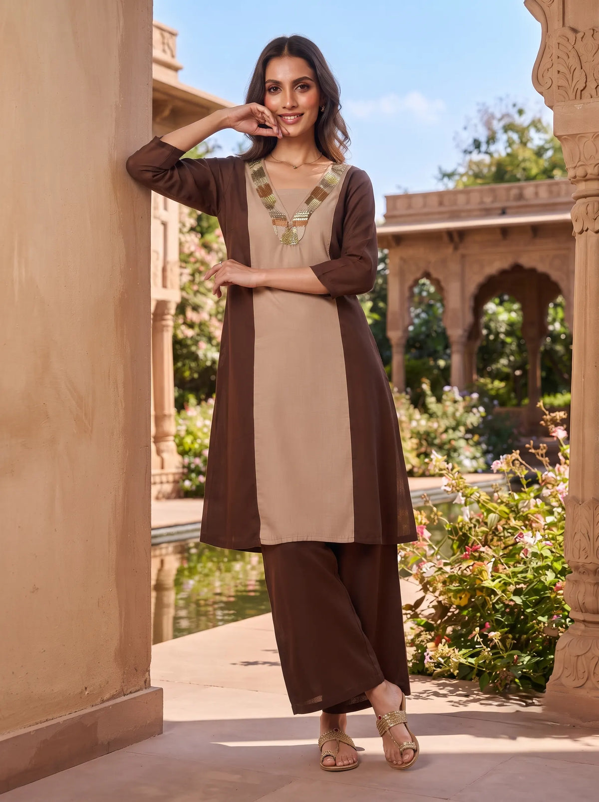 TWO TONE COFFEE AND KHAKI SEQUIN EMBELLISHED FESTIVE CO-ORD SET