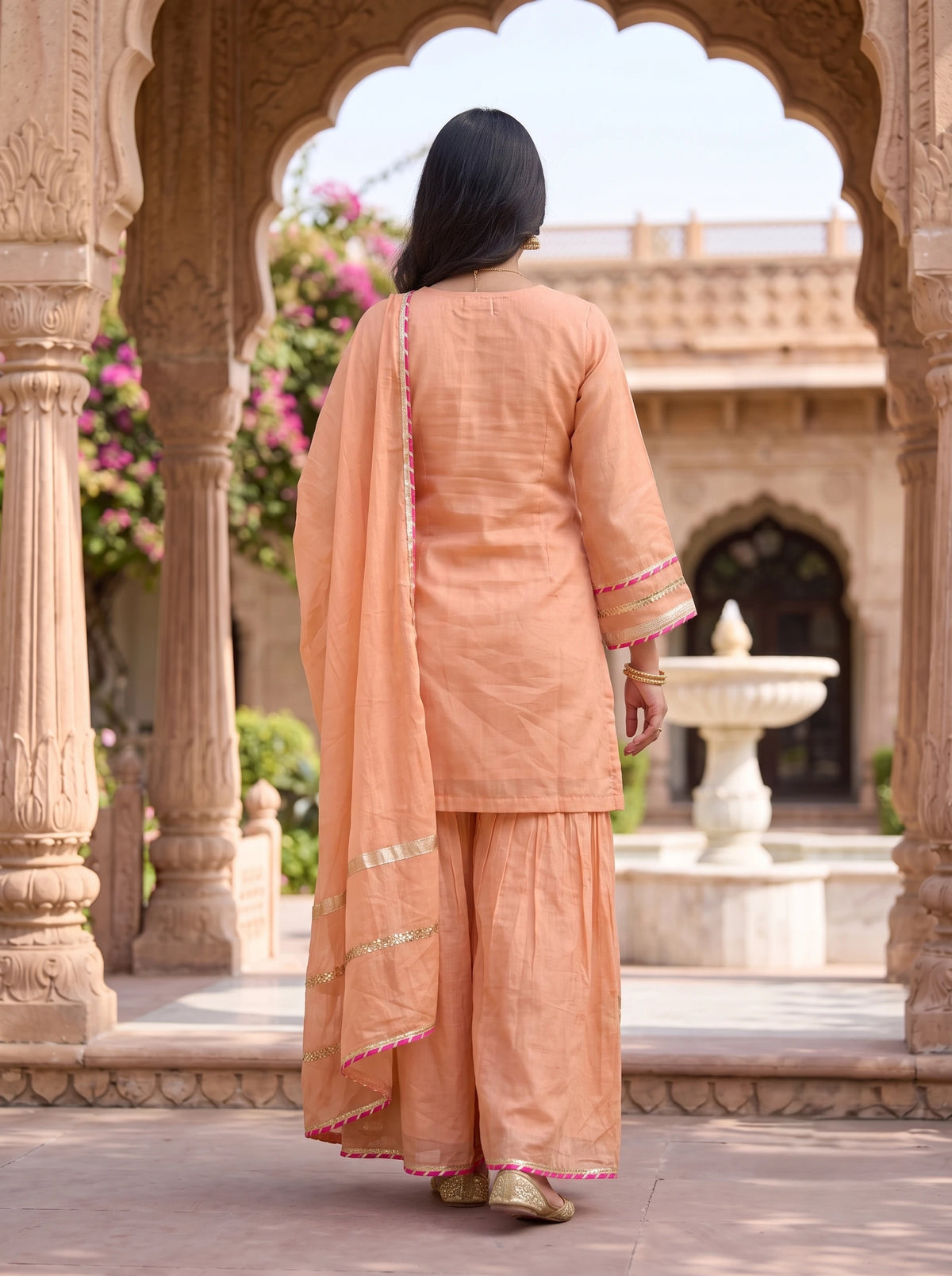 PEACH BLOOM HAND EMBROIDERED BANARSI MUL CHANDERI SUIT SET