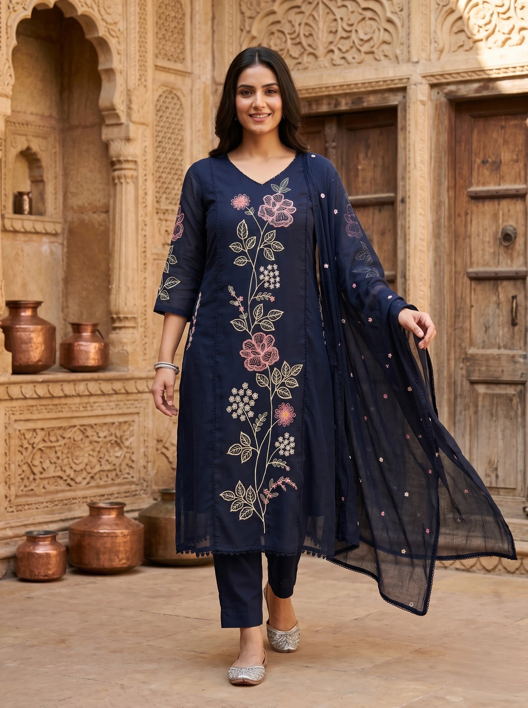 NAVY FLORAL THREADWORK POCKET MUL COTTON SUIT SET