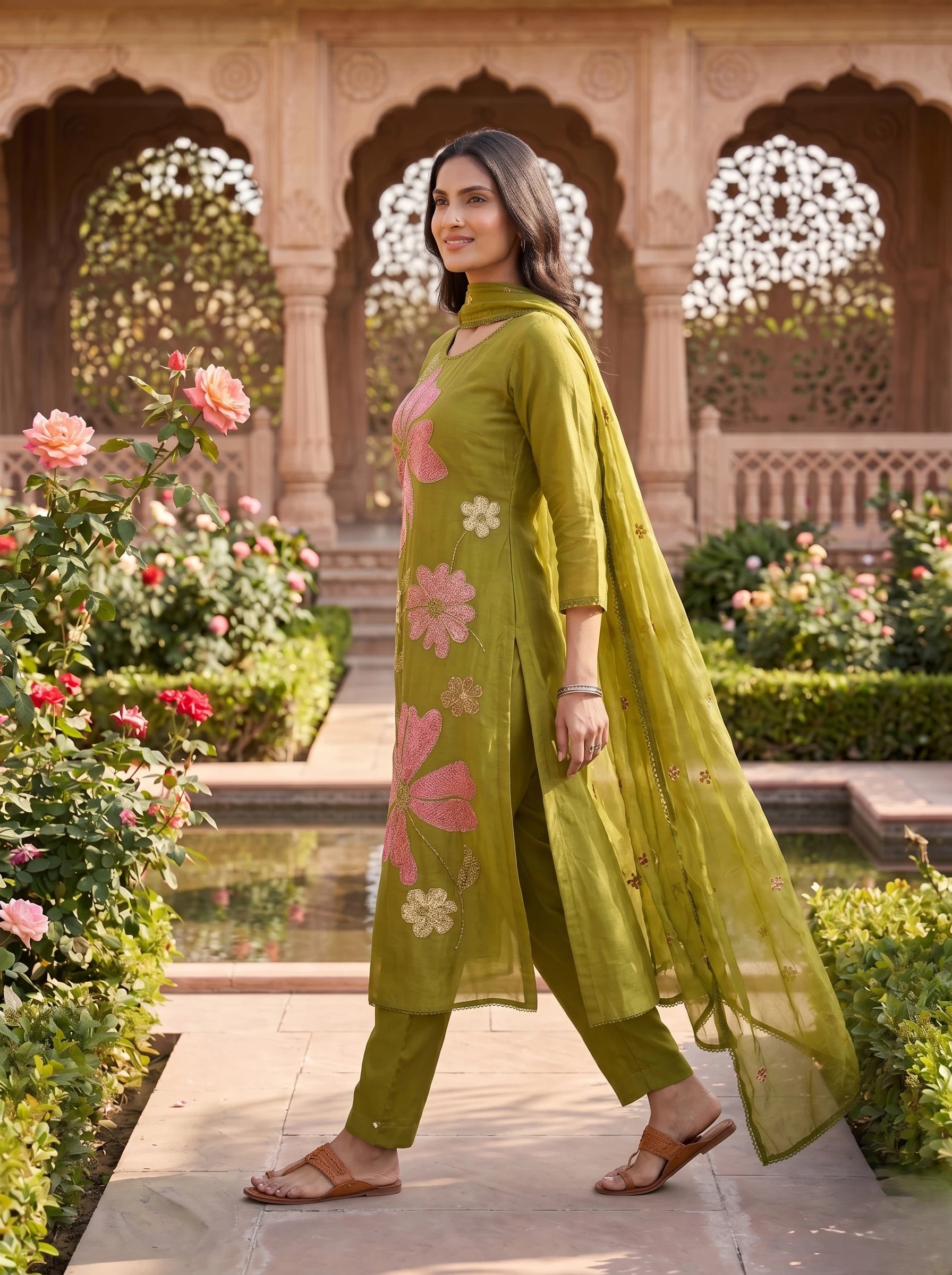 OLIVE  BLOSSOM THREADWORK MUL COTTON SUIT SET