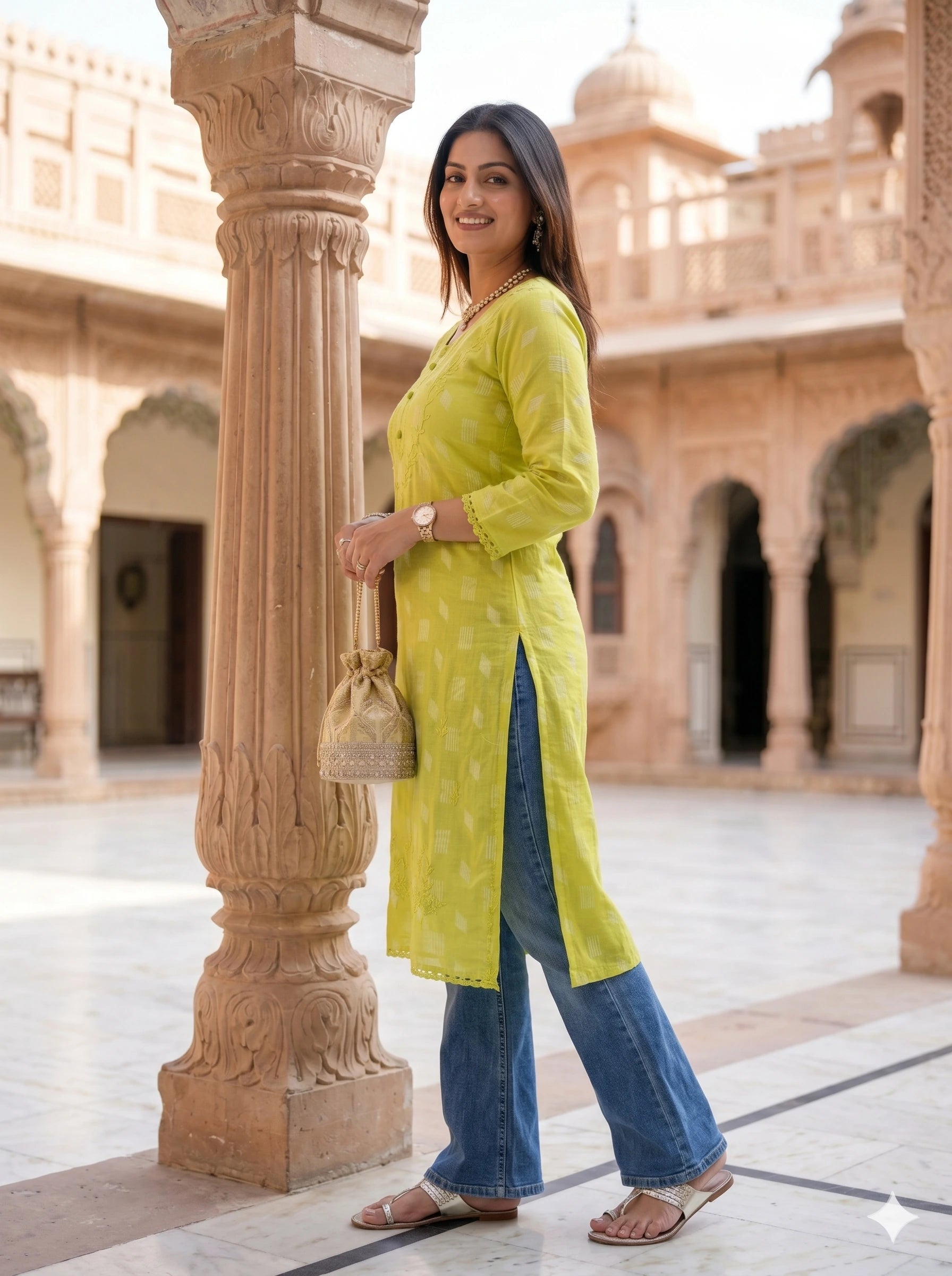 LIME YELLOW PRINTED STRAIGHT KURTI