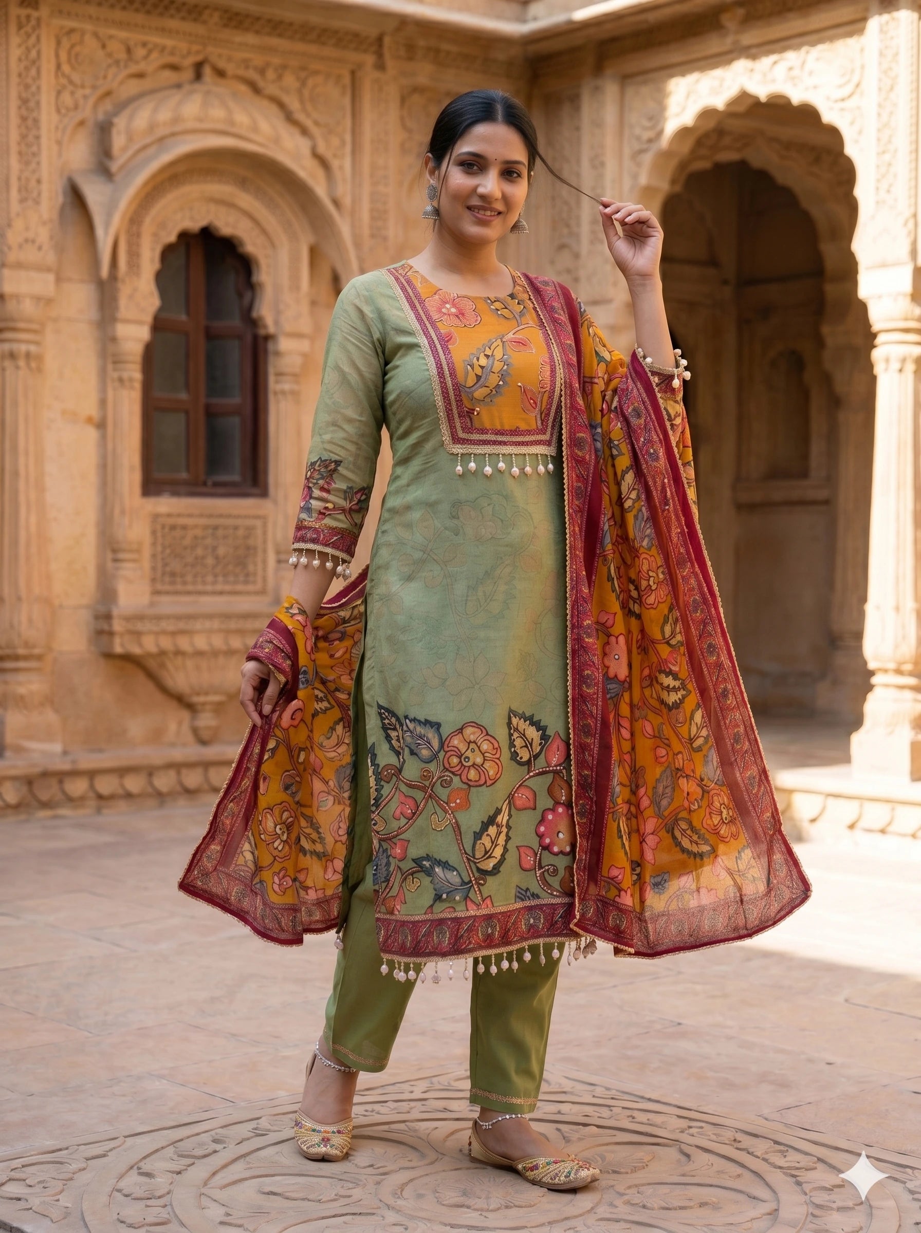 OLIVE BLOOM HANDPAINTED MIRROR WORK SUIT SET