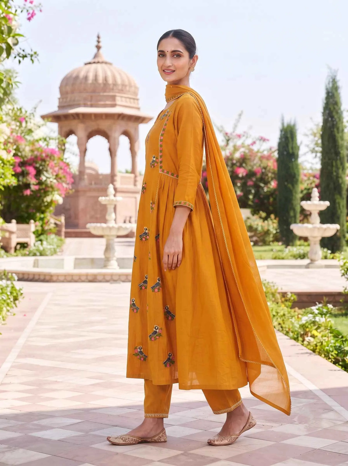 MUSTARD PEACOCK EMBROIDERED STRAIGHT SUIT WITH DUPATTA