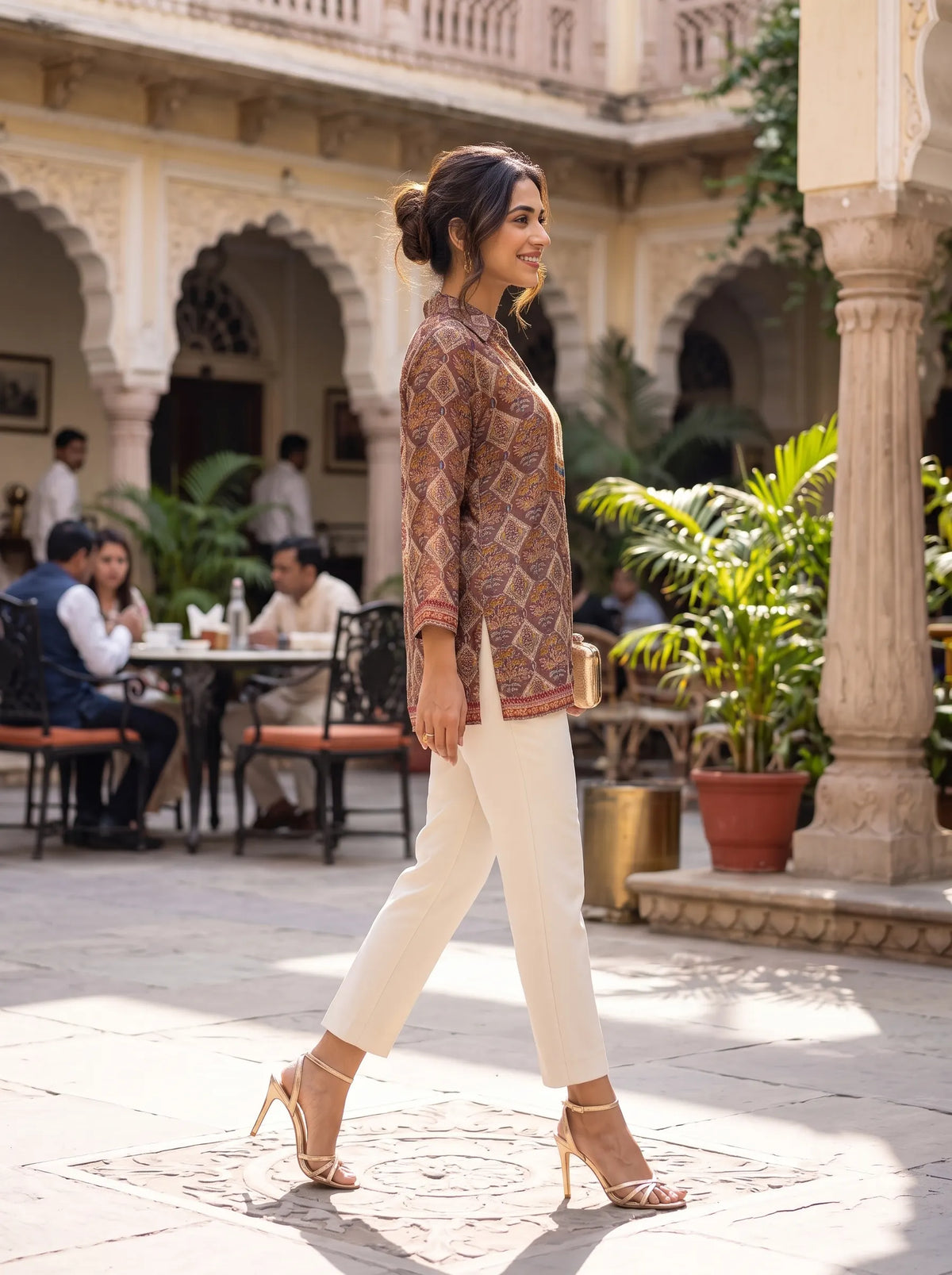 BROWN AND BEIGE TRADITIONAL PURE MUSLIN SHIRT TOP