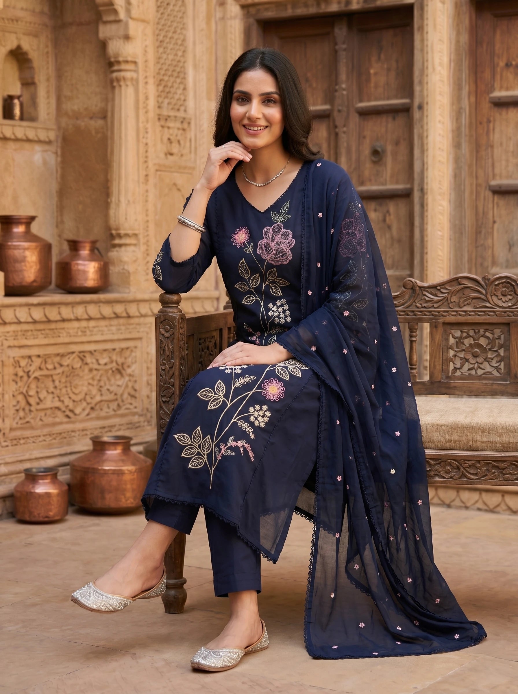 NAVY FLORAL THREADWORK POCKET MUL COTTON SUIT SET