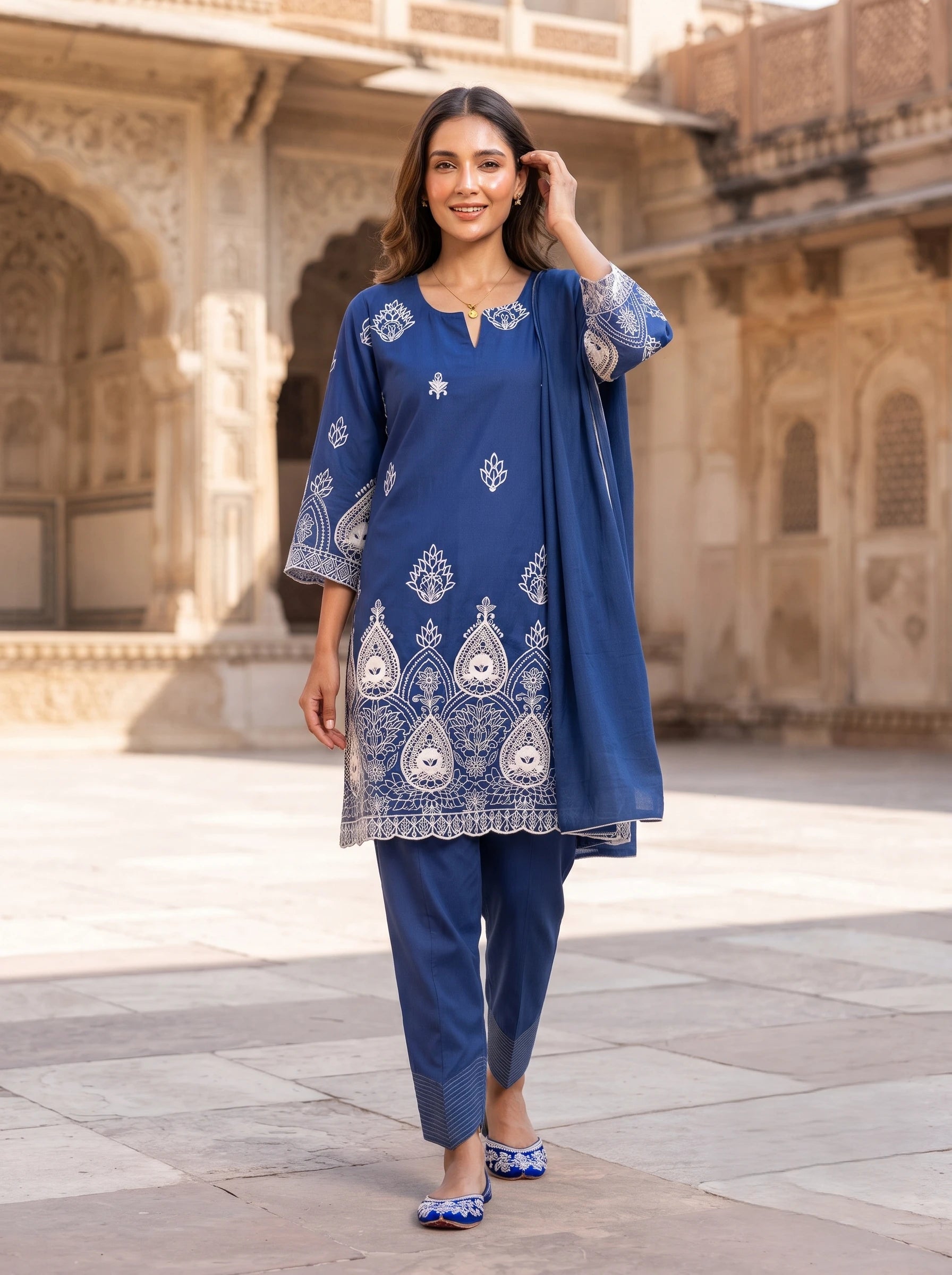NAVY BLUE ELEGANCE FULL EMBROIDERED PURE COTTON SUIT SET