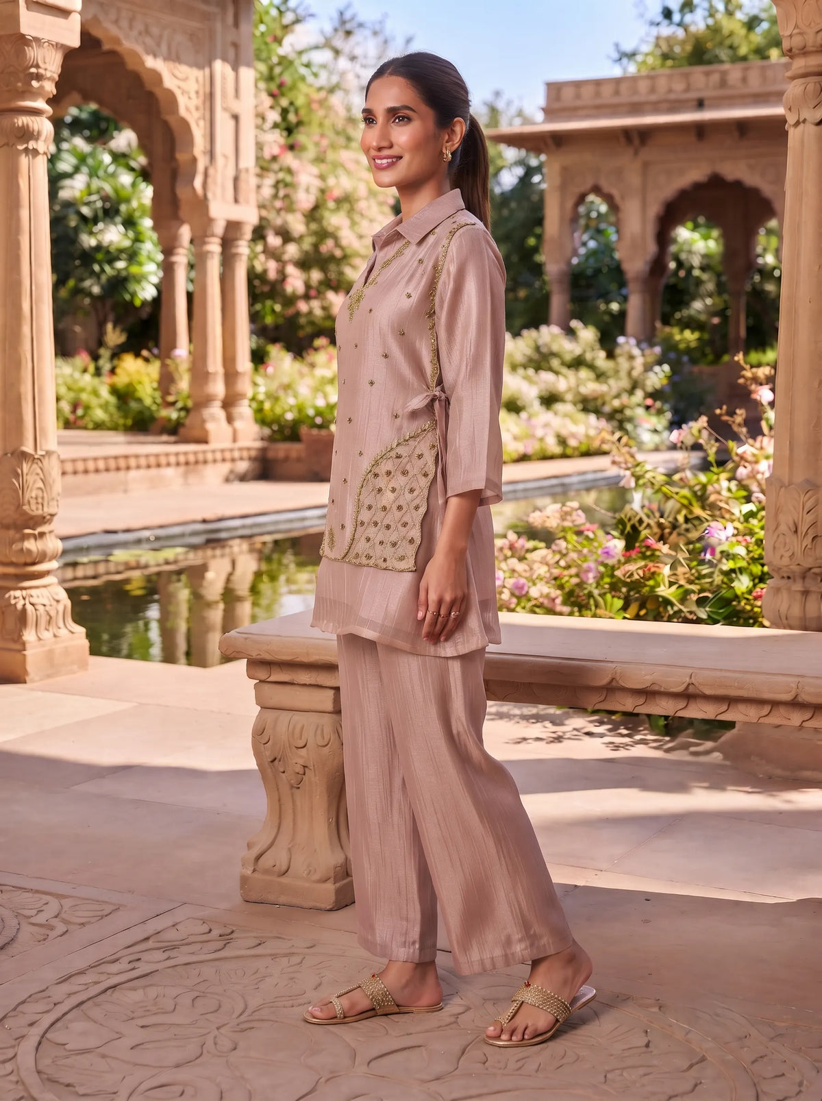 BLUSH PINK SHIMMER TISSUE EMBROIDERED TUNIC PANT CO-ORD SET