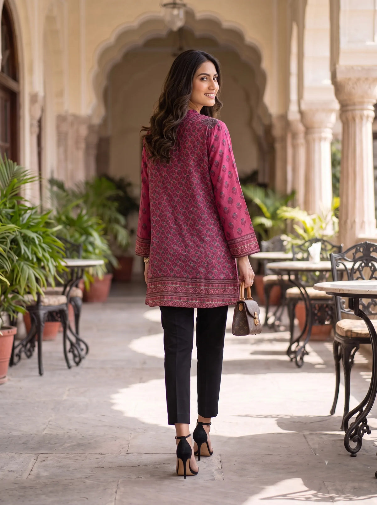 MAGENTA PRINTED COIN BUTTON PURE MUSLIN SHIRT TOP