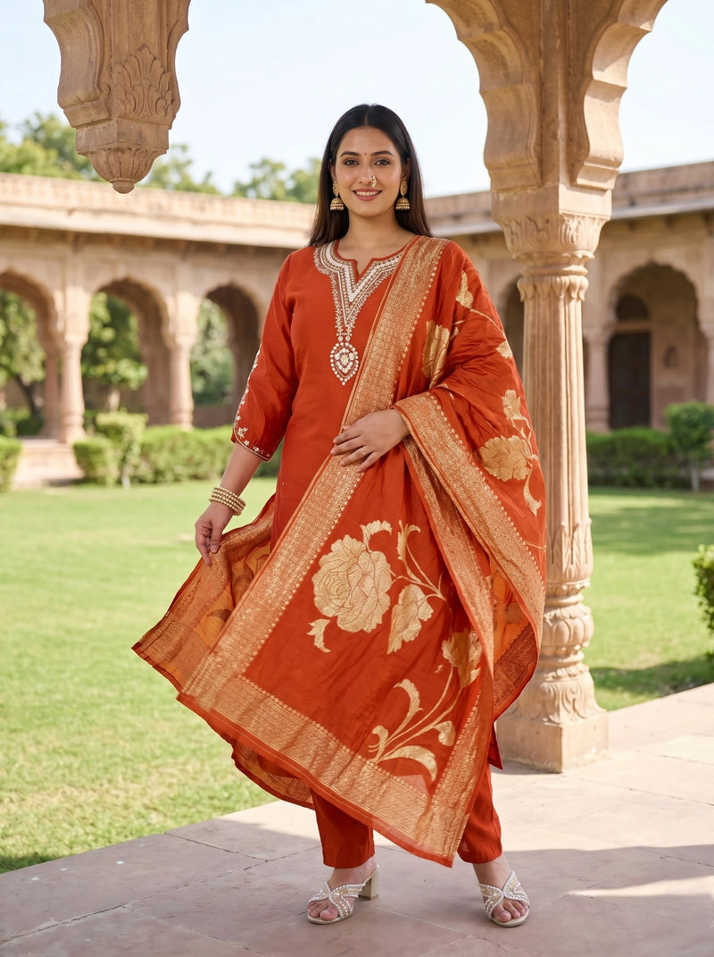 AGNI RUST HANDWORK PURE BANARSI SILK SUIT SET