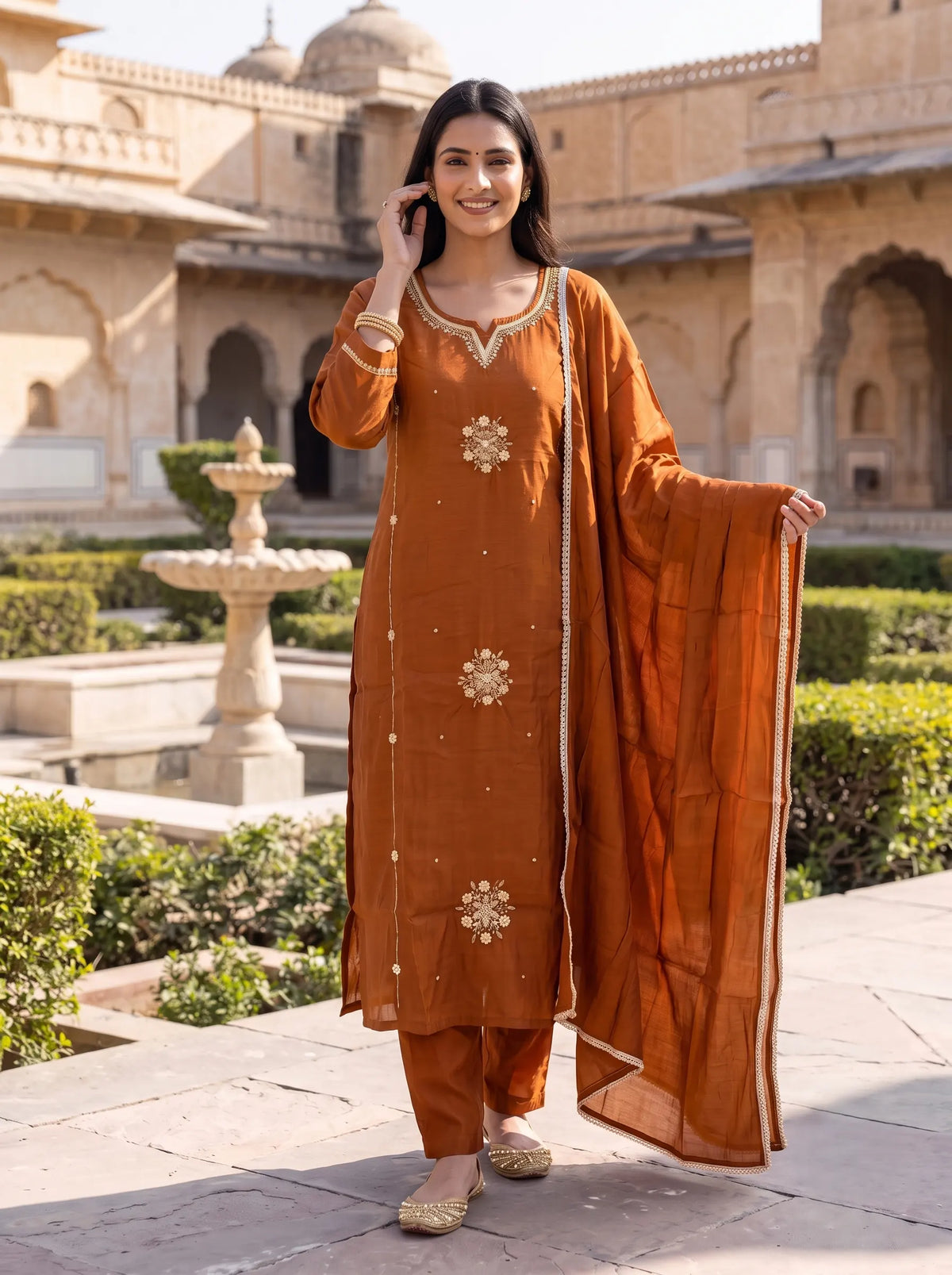 MUSTARD BROWN EMBELLISHED HAND EMBROIDERED STRAIGHT SUIT SET