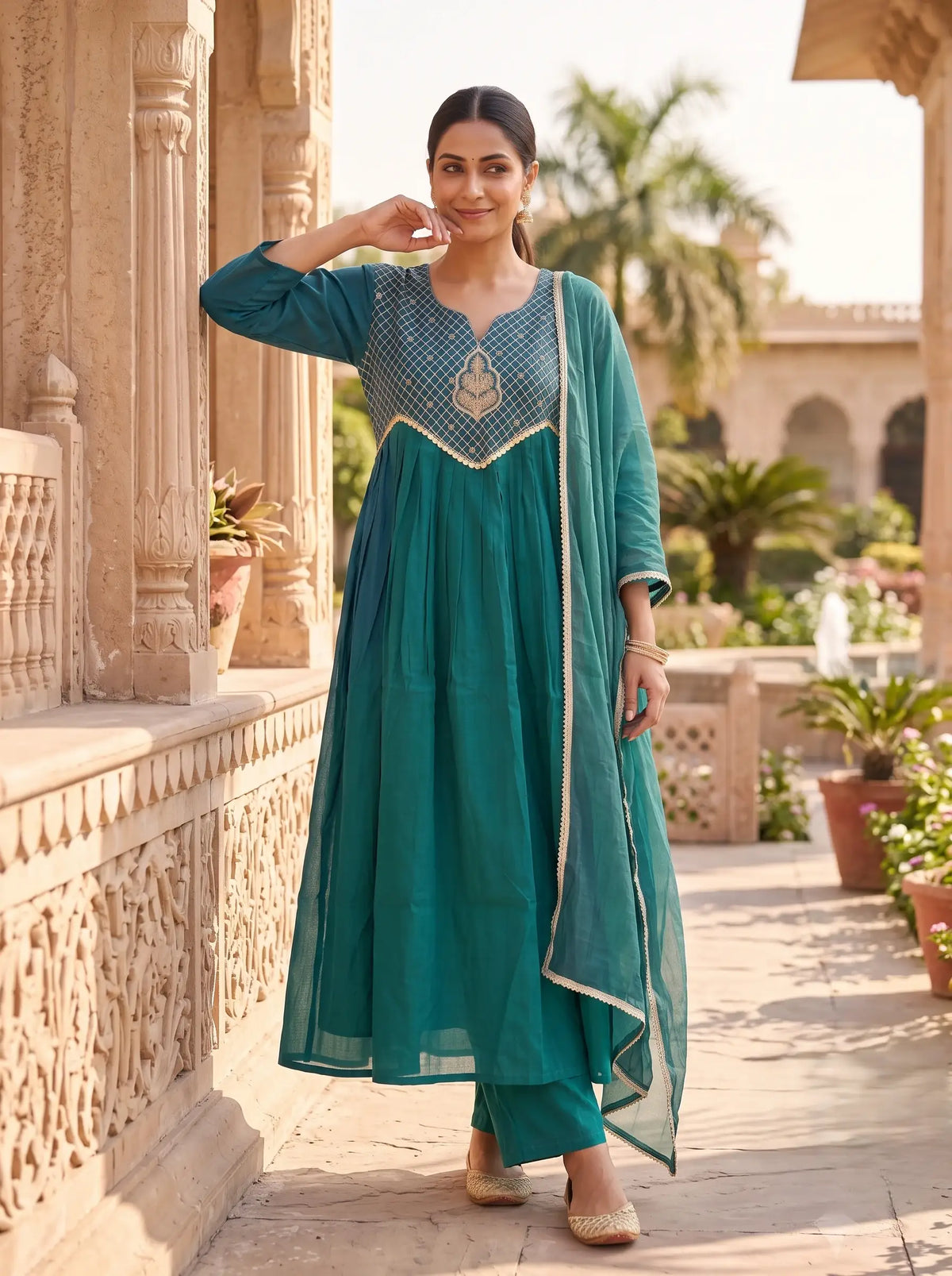 TEAL BLUE HAND EMBROIDERED FESTIVE ANARKALI  MUL CHANDERI SUIT SET