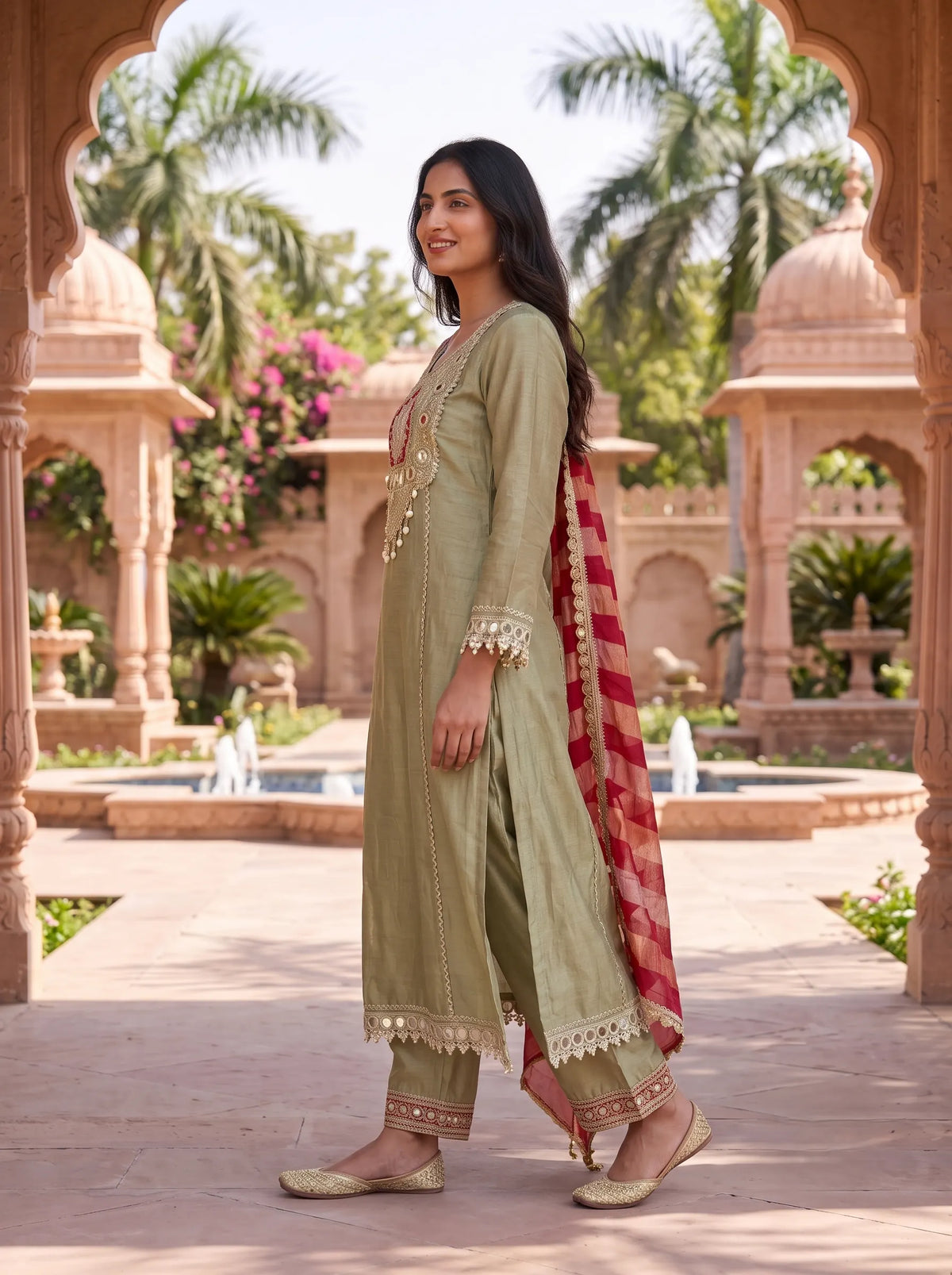 SAGE GREEN ROYAL FLORAL SEQUIN EMBROIDERED FESTIVE SUIT SET