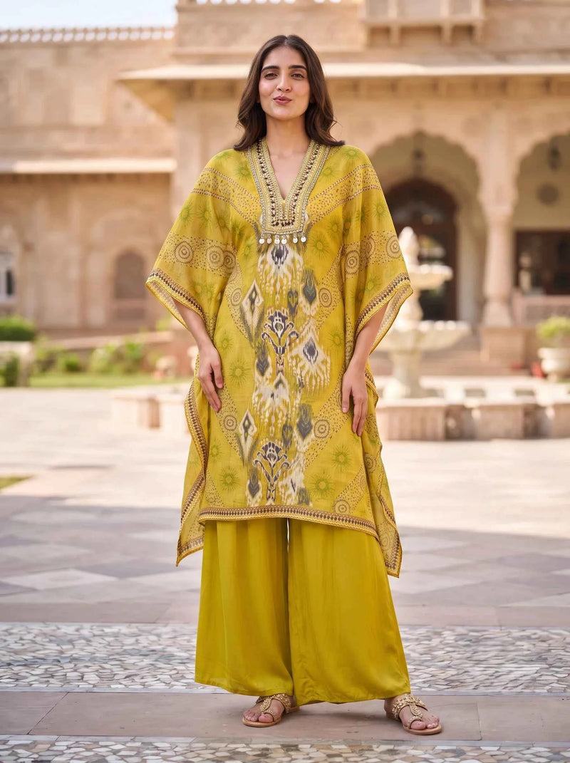 MUSTARD YELLOW PRINTED PURE CHINON KAFTAN CO-ORD SET