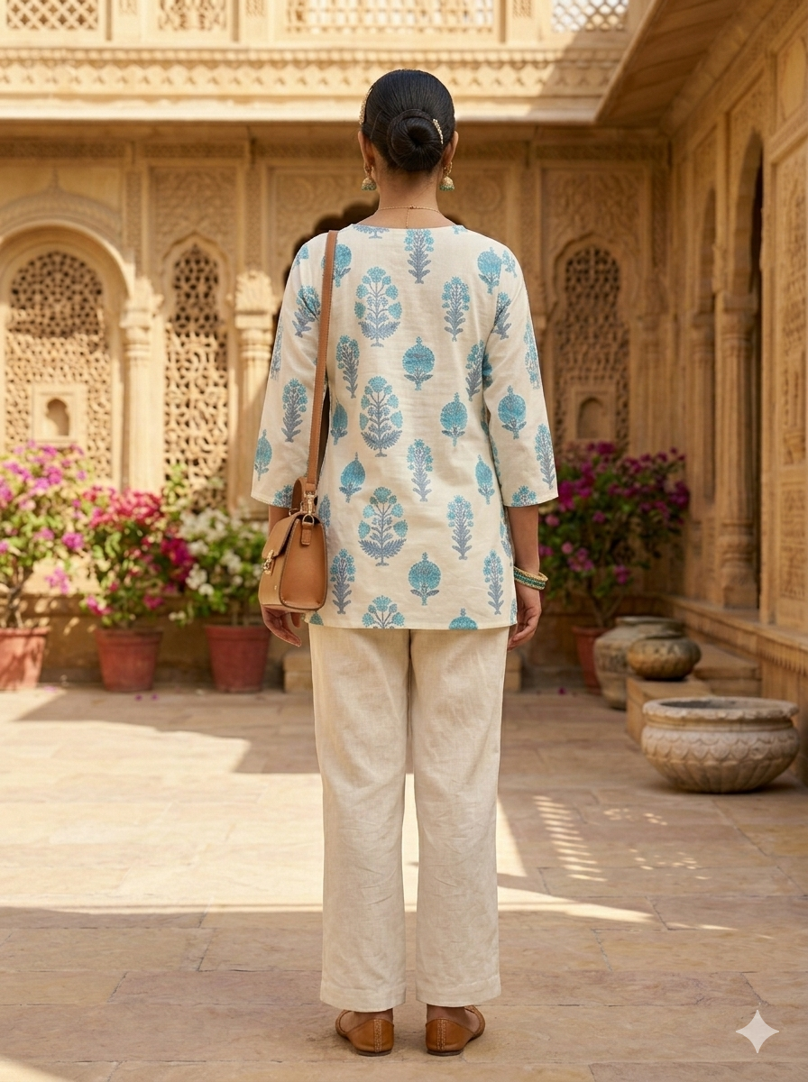 IVORY BLUE FLORAL EMBROIDERED KURTI