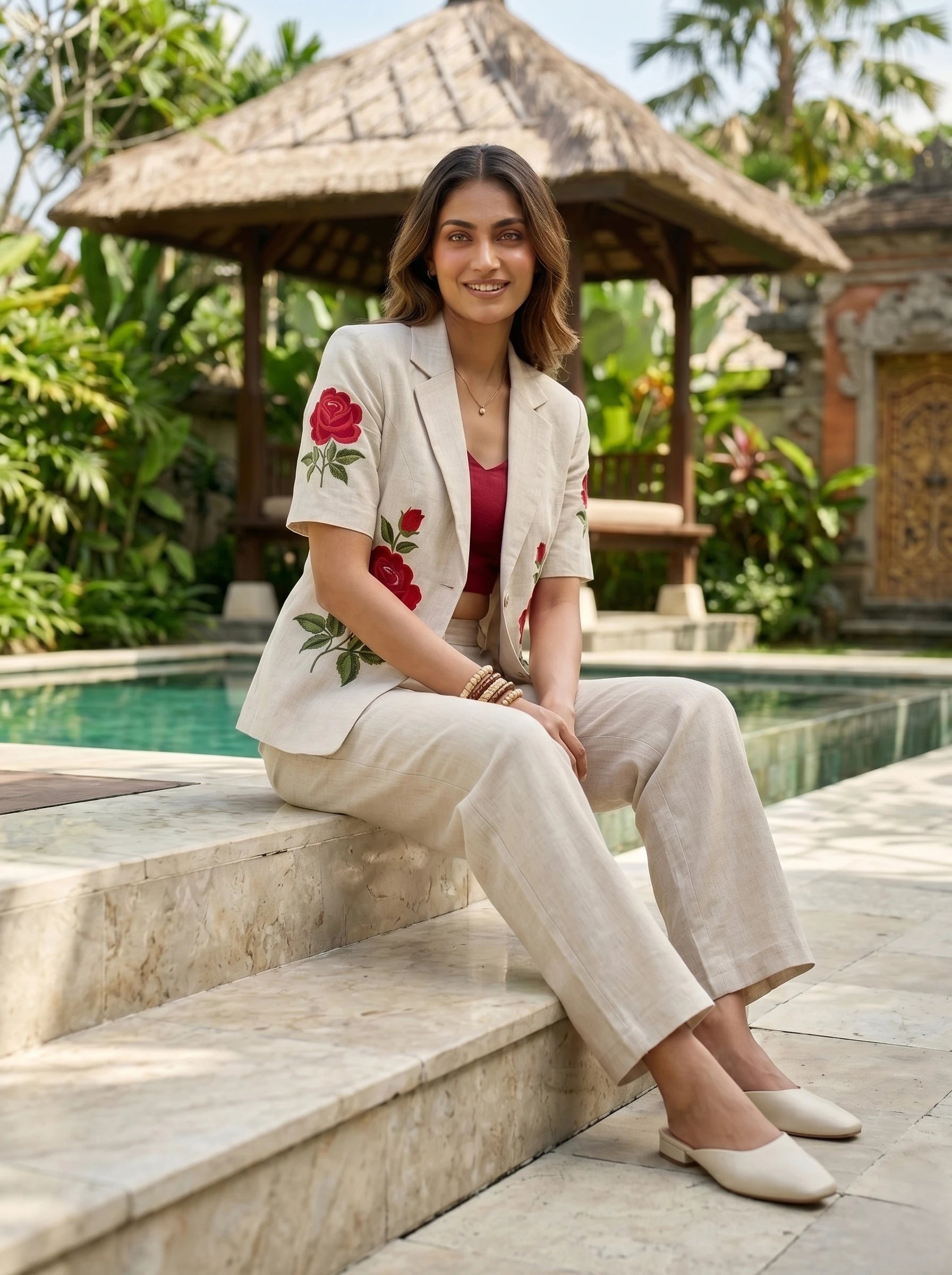 ROSE BLOOM LINEN THREADWORK  CO-ORD SET